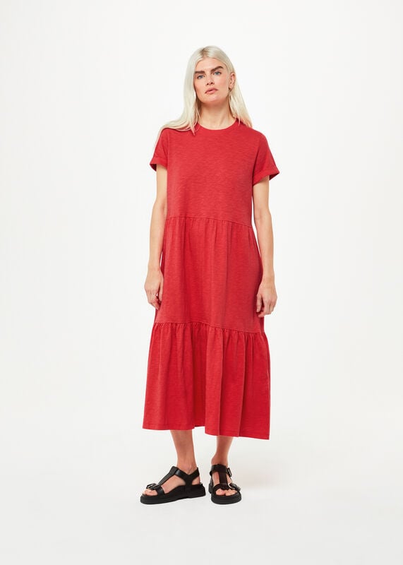 Red Petite Tiered Jersey Midi Dress