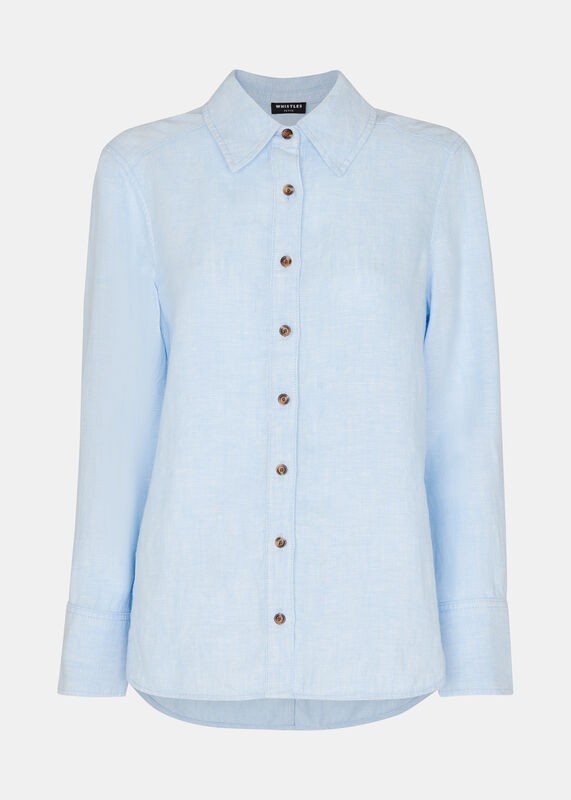 Blue Petite Linen Relaxed Fit Shirt
