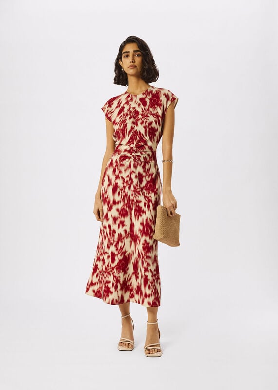 Red Blurred Floral Crepe Dress