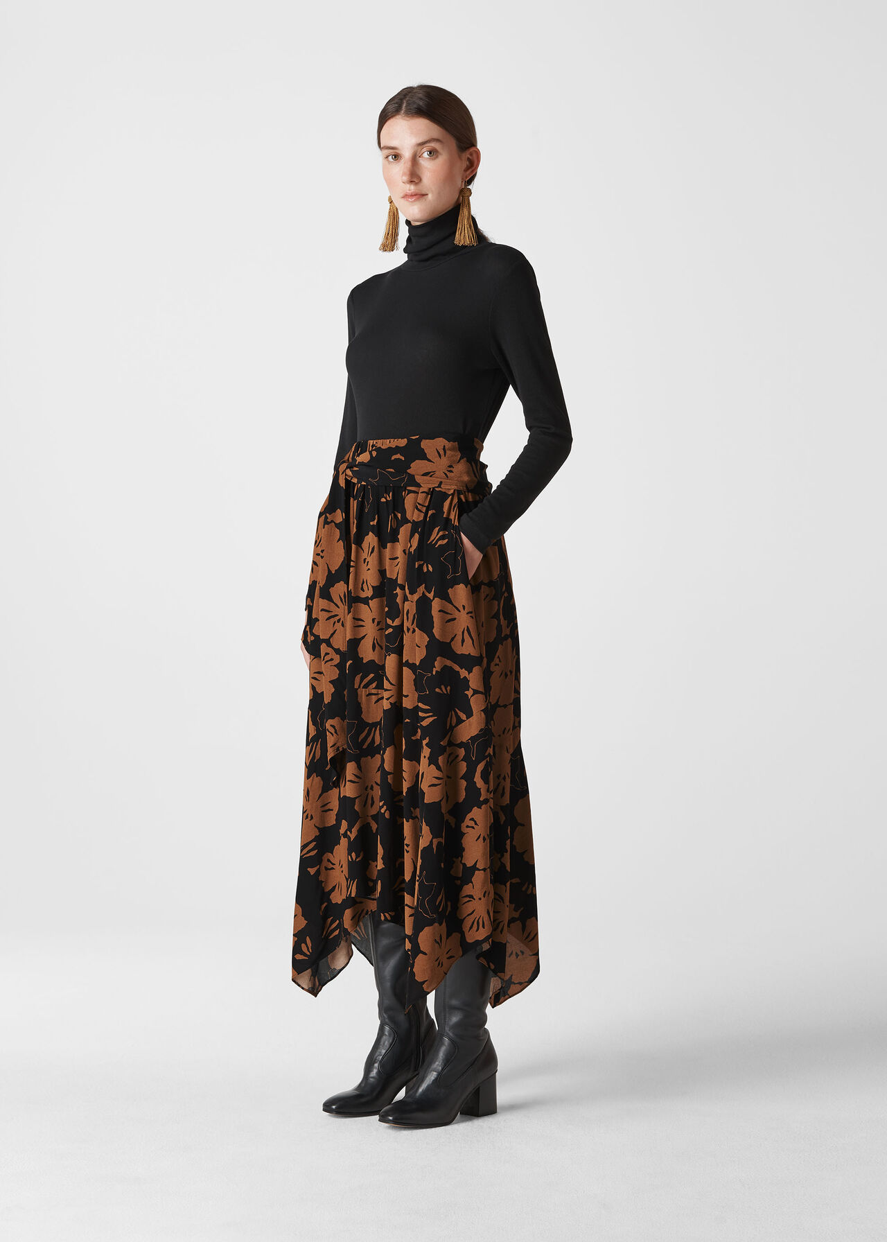 Brown/Multi Ari Hibiscus Belted Skirt | WHISTLES | Whistles UK