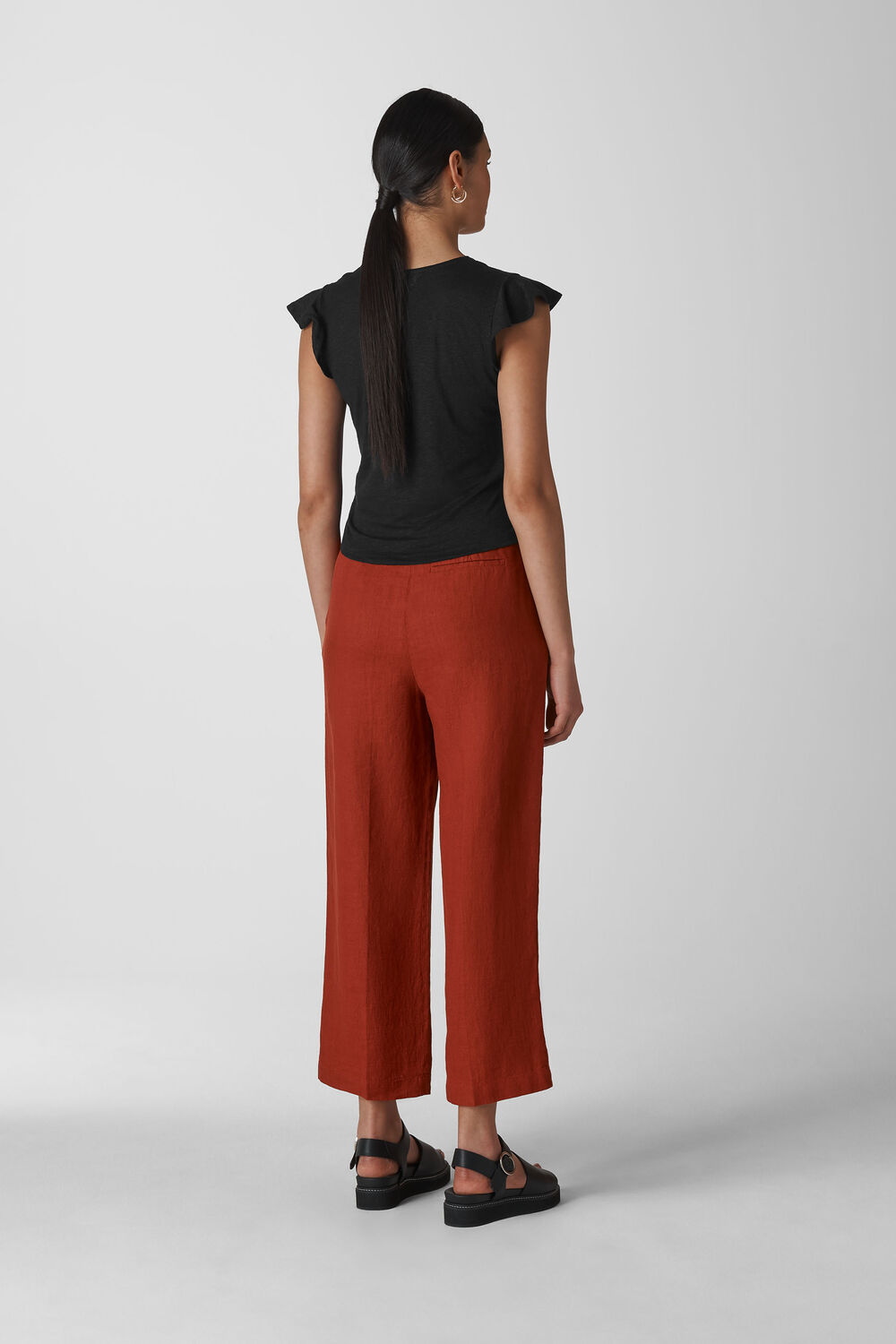 Frill Sleeve Linen Wrap Top Black