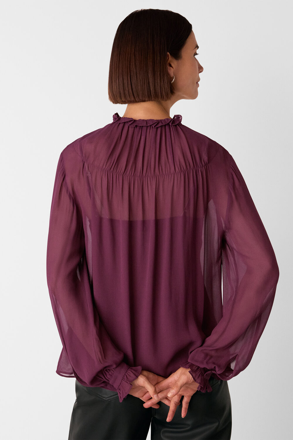 Plum Tie Neck Detail Sheer Blouse