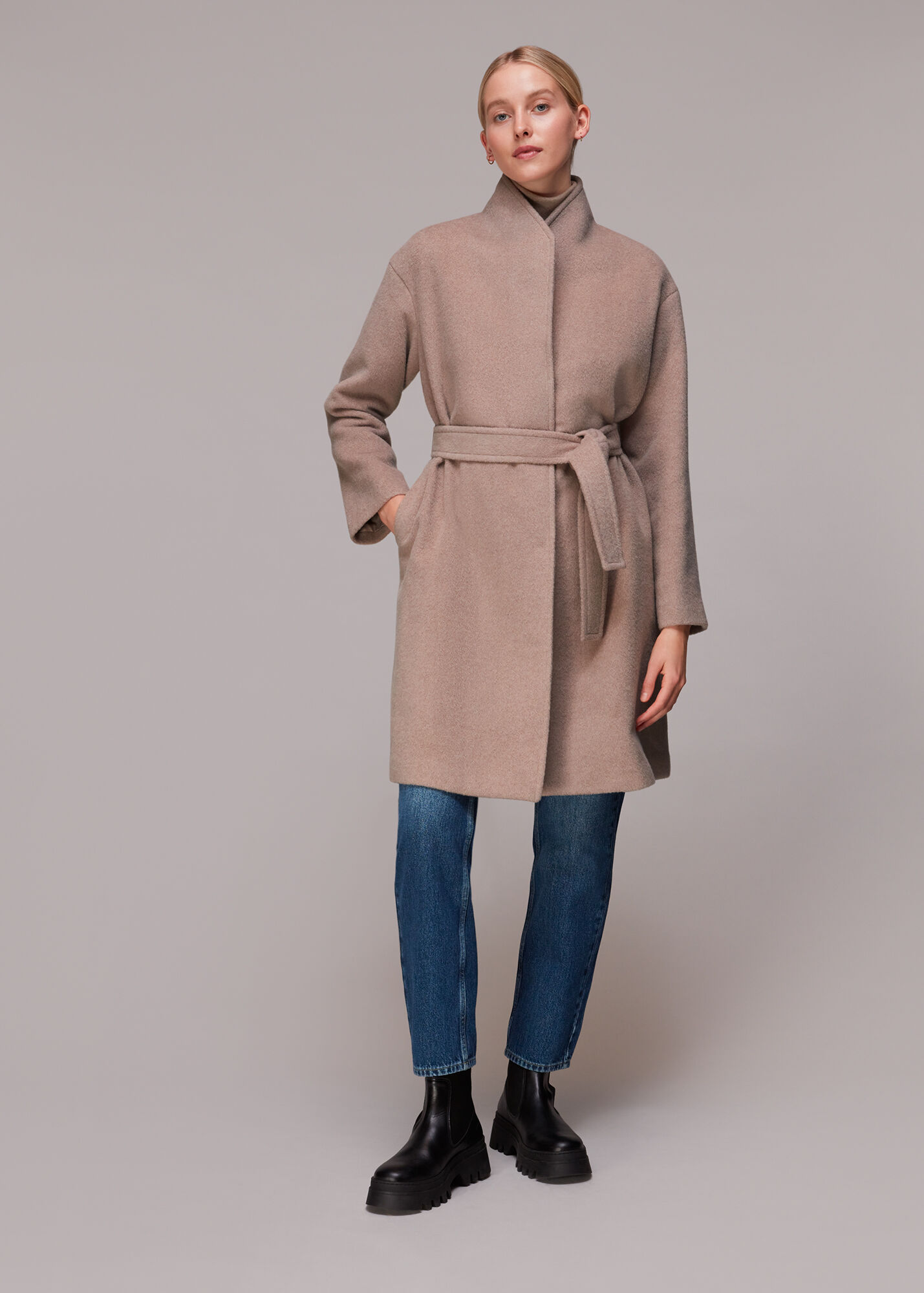 Oatmeal Clara Funnel Neck Wool Coat WHISTLES