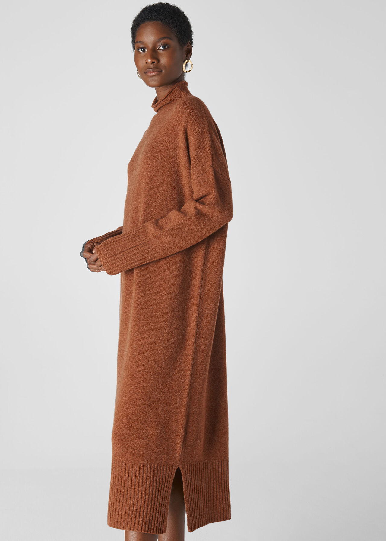 Rib Sleeve Knit Midi Dress Camel