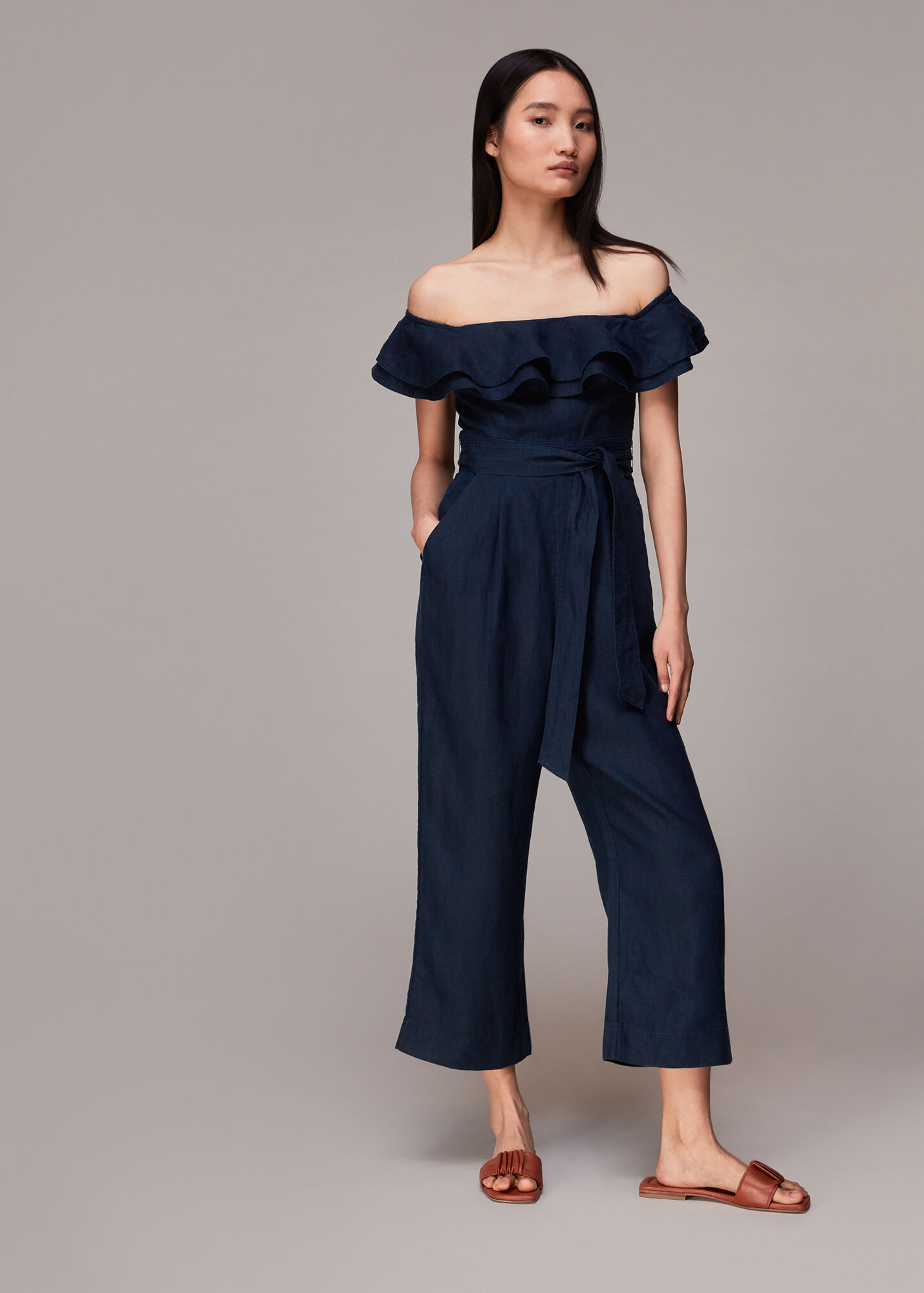 Navy Tabi Linen Bardot Jumpsuit WHISTLES