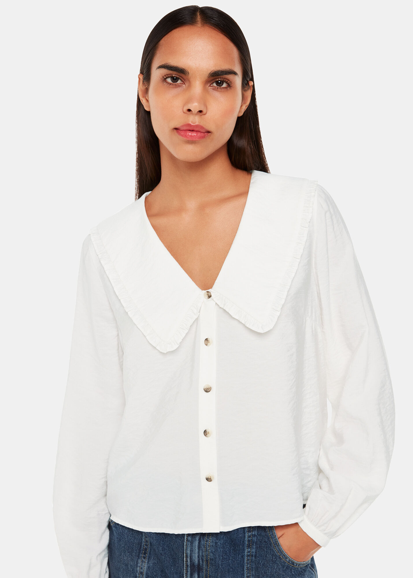 White Button Up Blouse With Oversized Collar Whistles