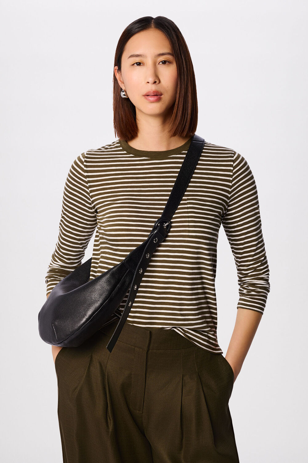 Khaki Stripe Crew Neck Pocket Top