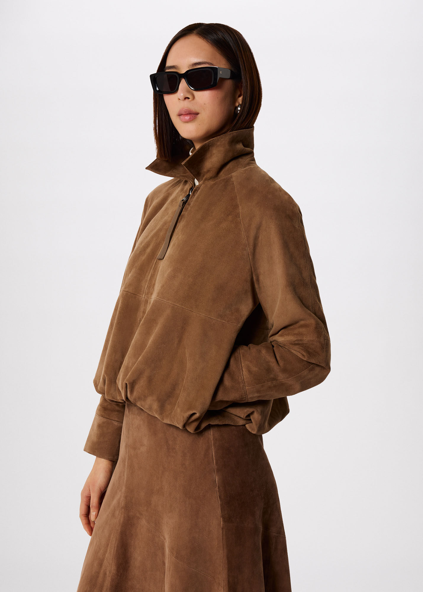 Taupe Gathered Suede Zip Jacket | WHISTLES | Whistles US |
