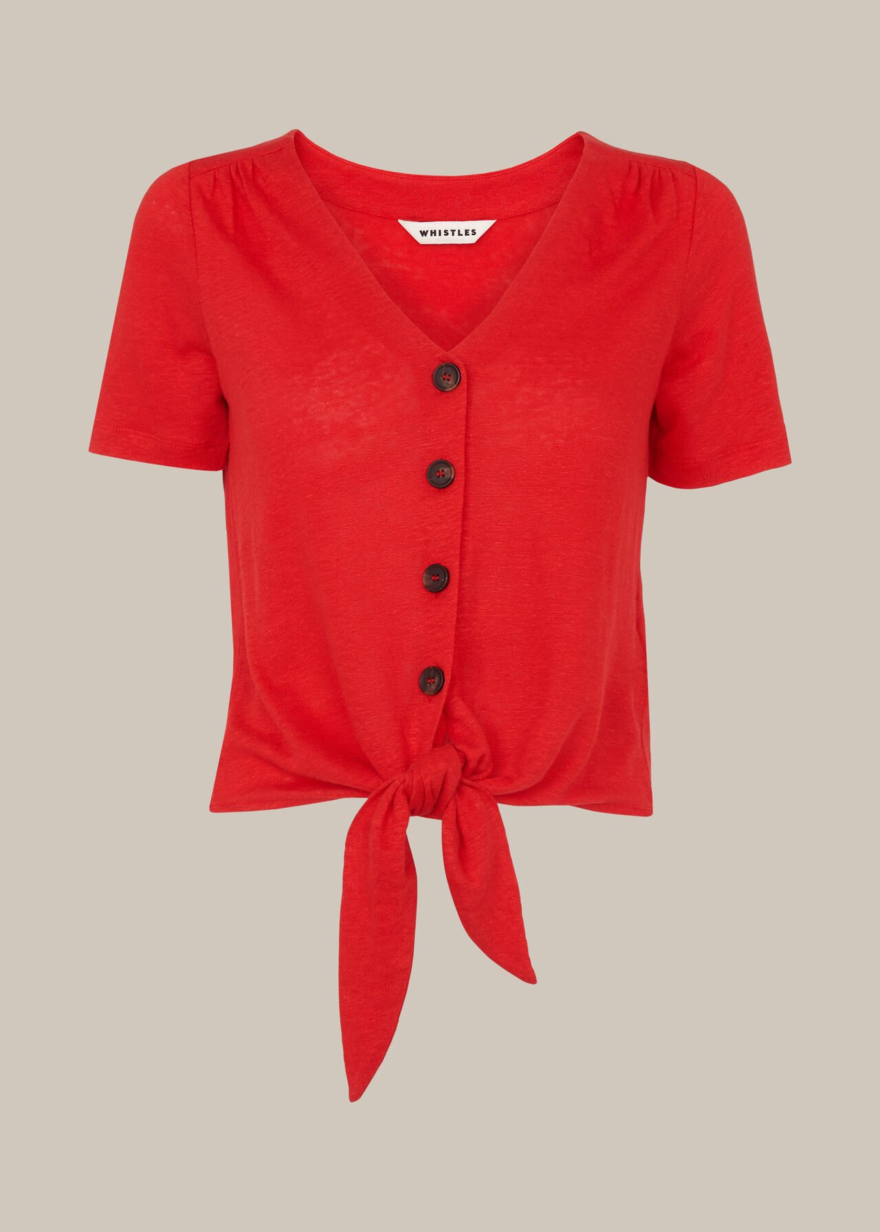 Linen Button Front Tie Top Red