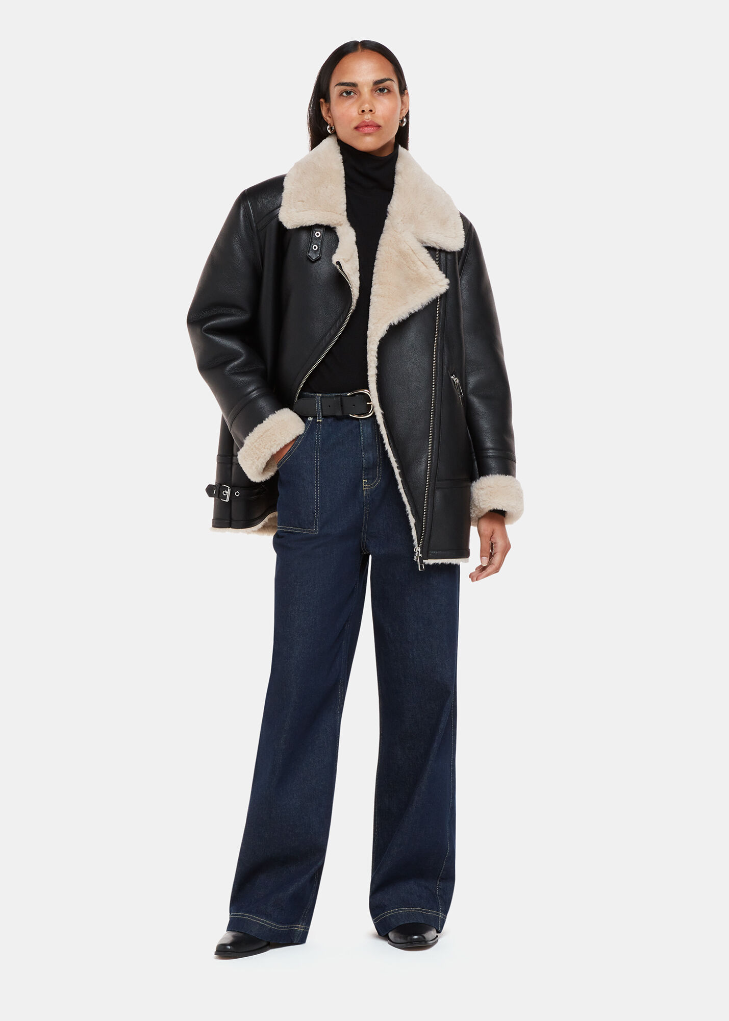 Women s Black Faux Fur Aviator Jacket Whistles UK