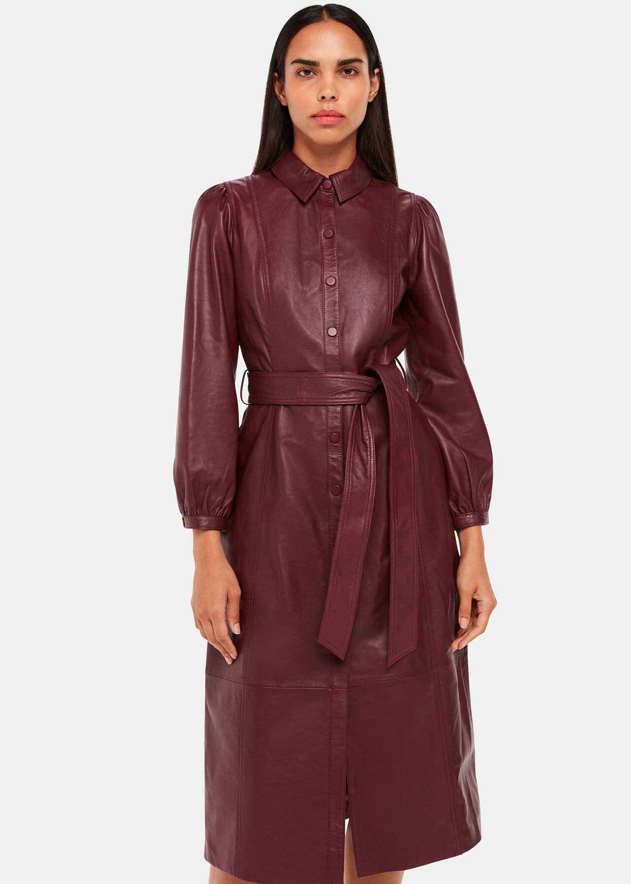 Burgundy Phoebe Leather Shirt Dress WHISTLES