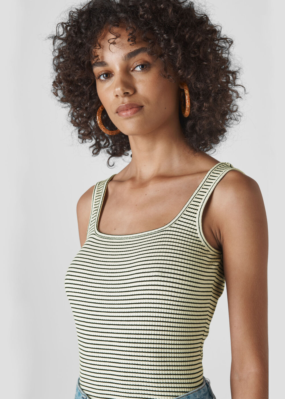 Square Neck Stripe Rib Cami White/Multi