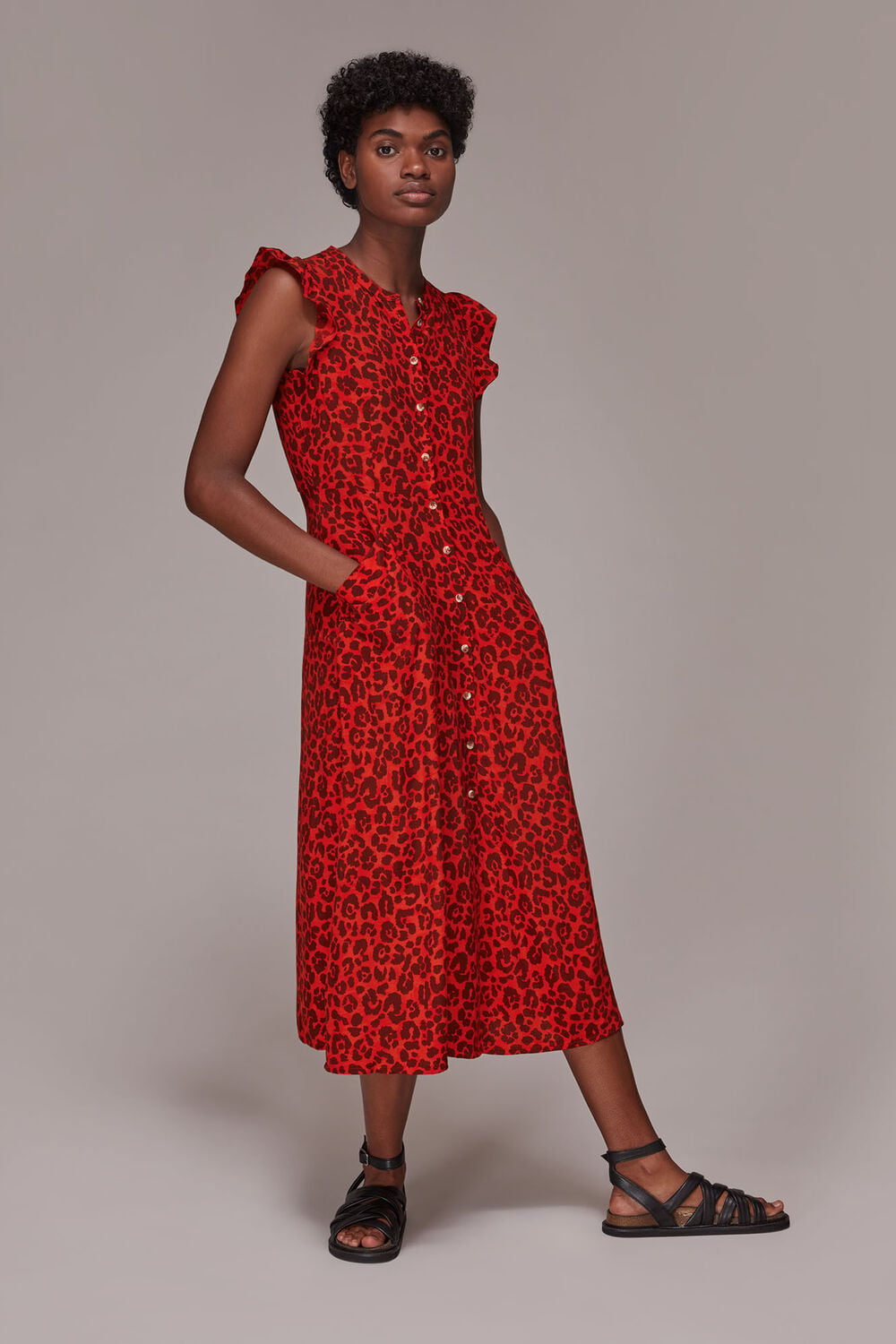 Animal Frill Sleeve Midi Dress
