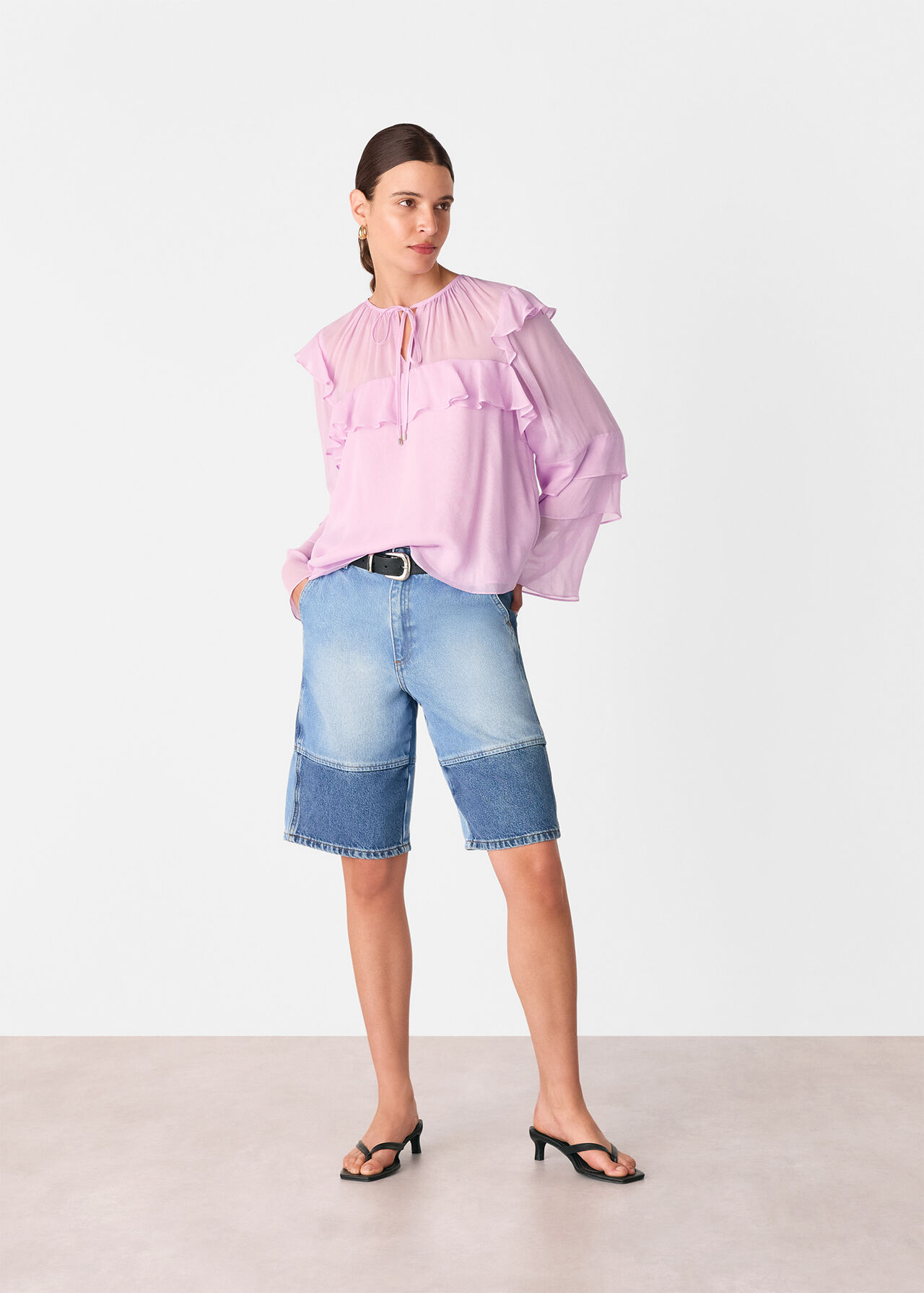 Sheer Tie Neck Frill Blouse