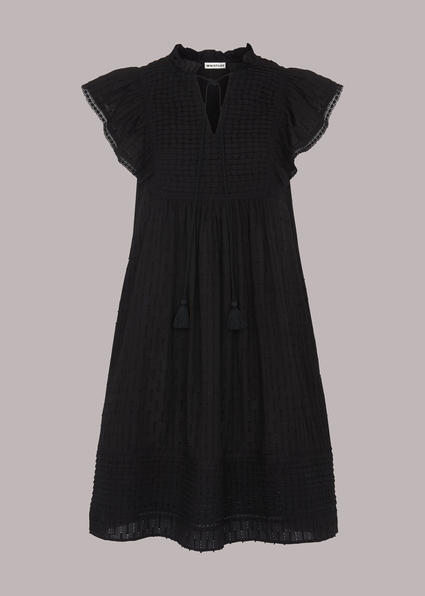 Black Pintuck Frill Cotton Dress | WHISTLES | Whistles US |
