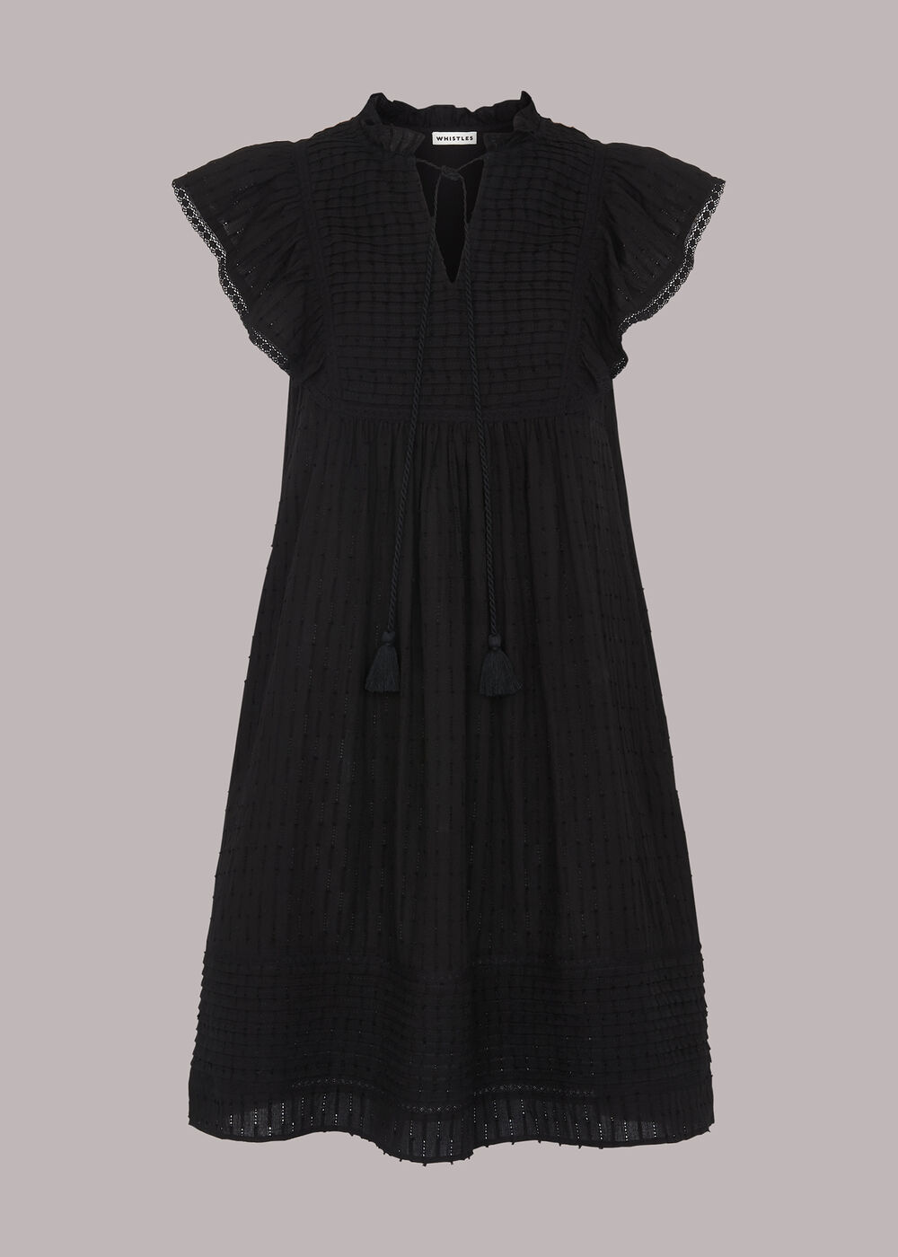 Pintuck Frill Cotton Dress Black