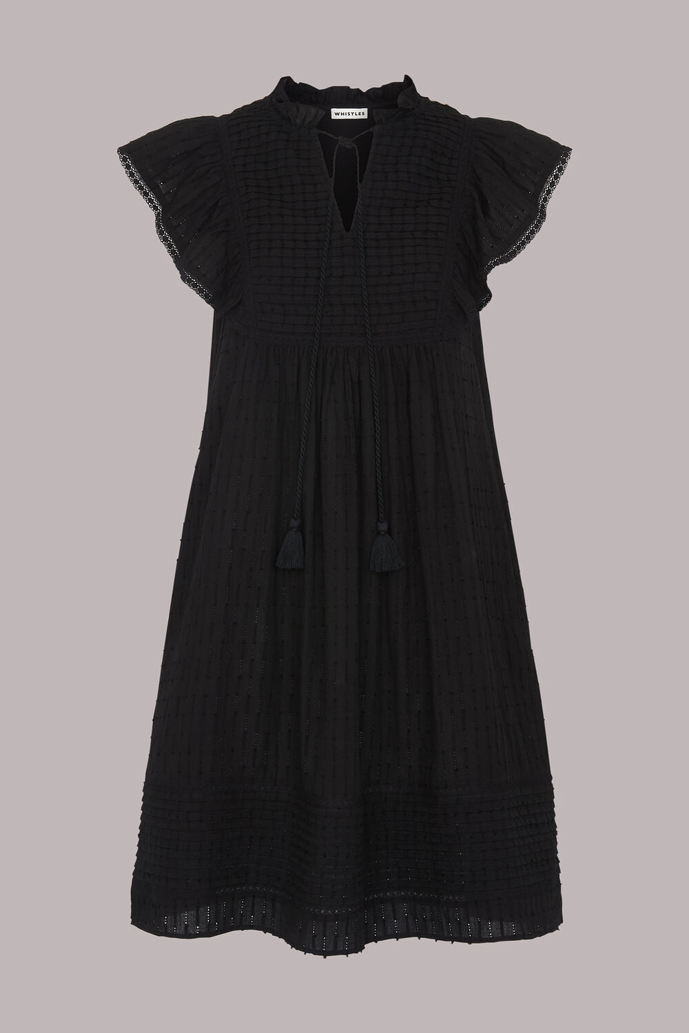 Pintuck Frill Cotton Dress Black