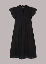 Pintuck Frill Cotton Dress Black