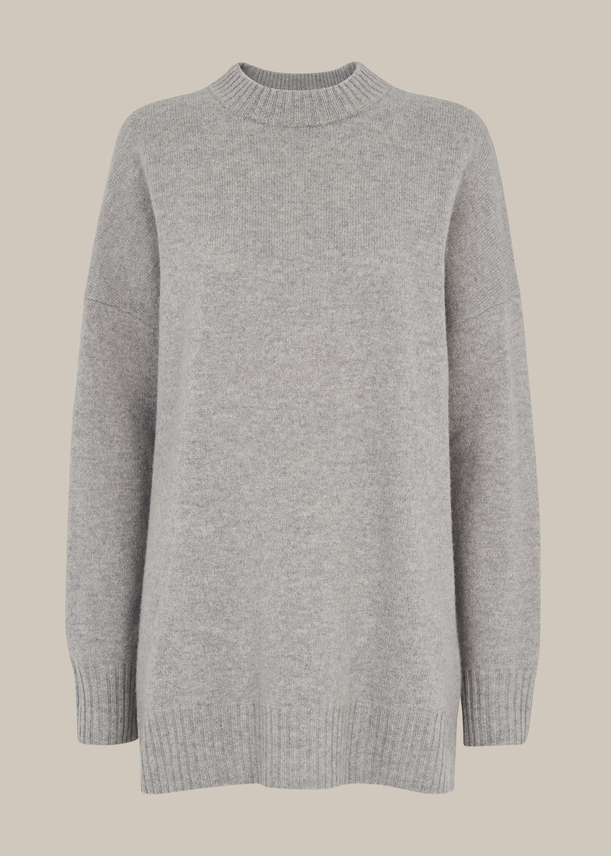 Grey Long Line Crew Neck Wool Knit