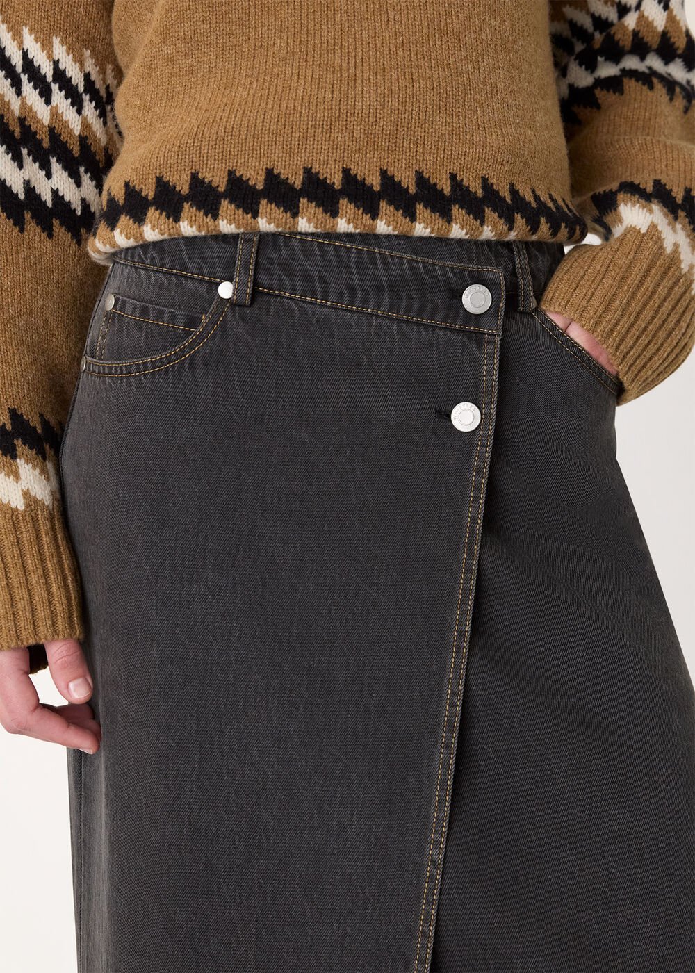 Denim Button Wrap Midi Skirt