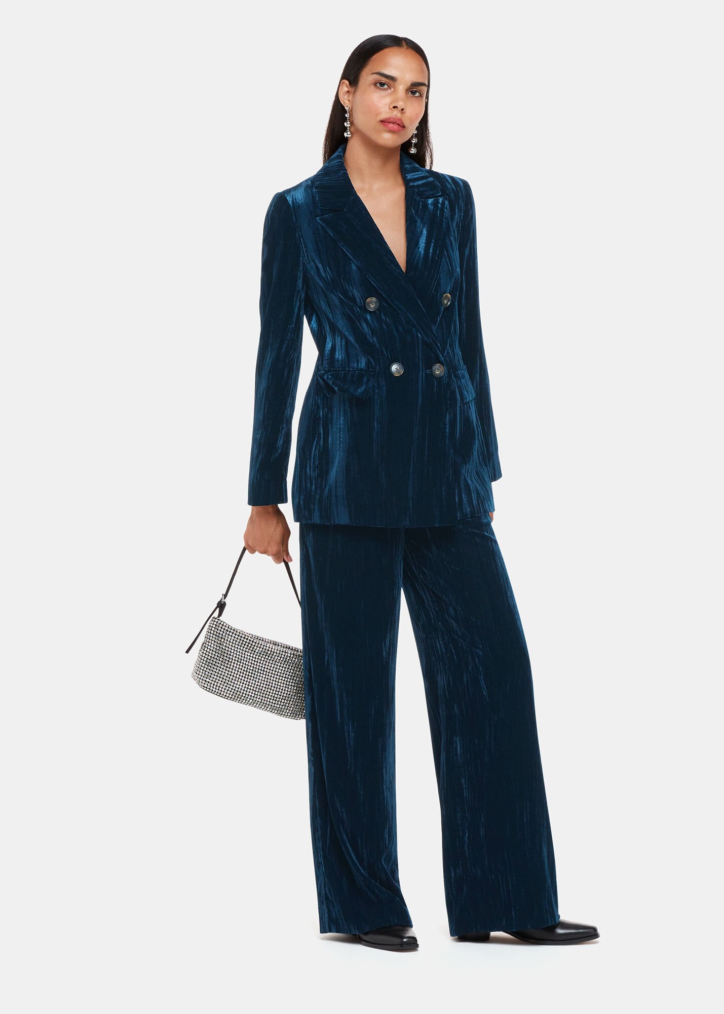 Crushed blue velvet suit shop