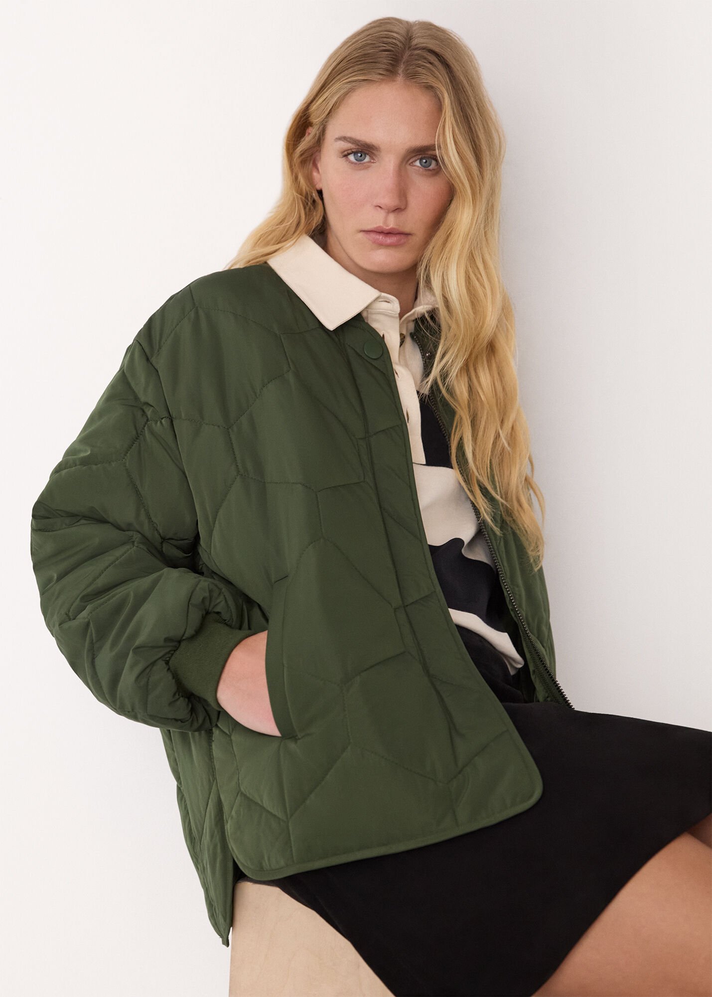 Khaki Ida Short Quilted Coat | WHISTLES | Whistles ROW |