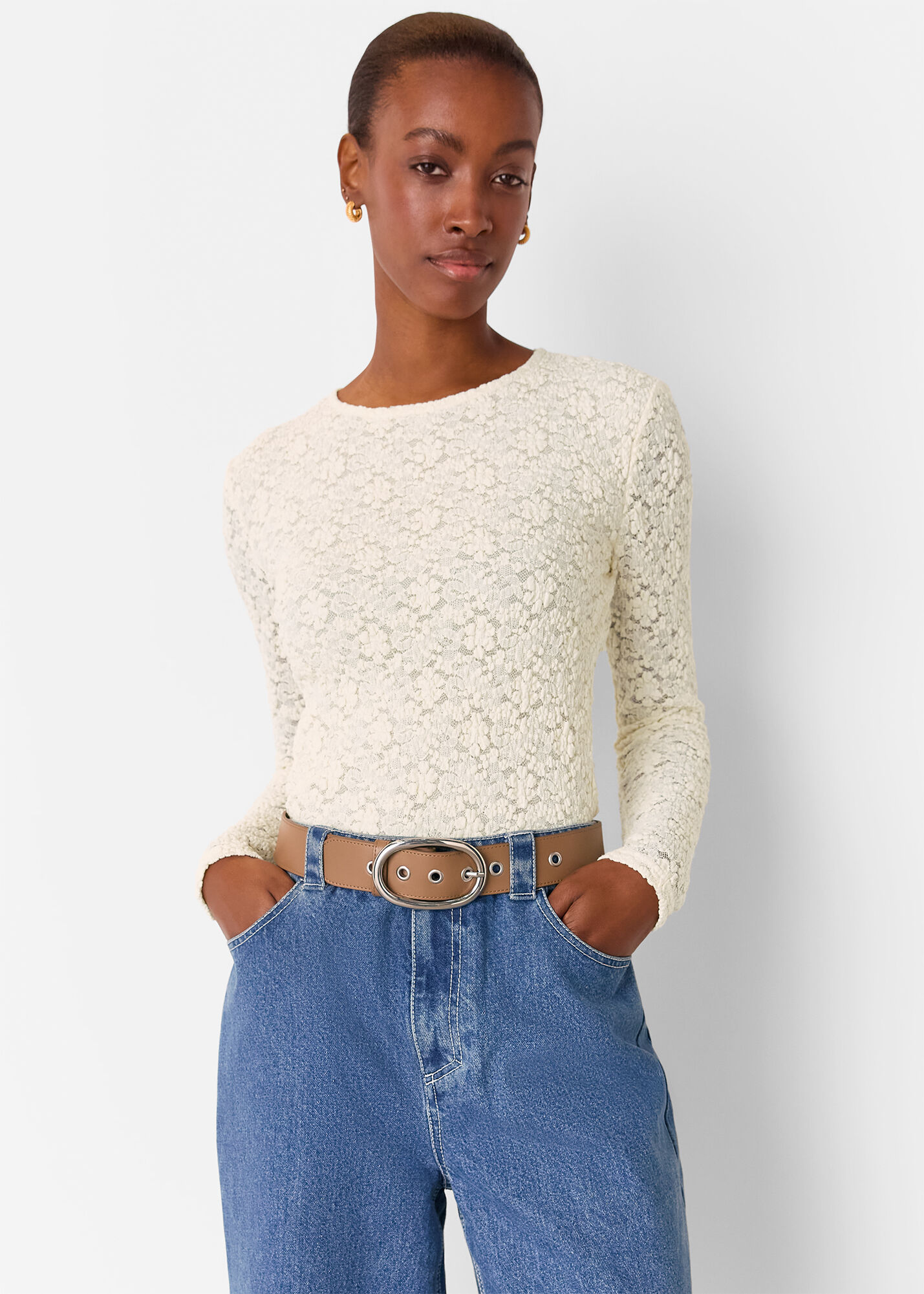 Ivory Jersey Lace Long Sleeve Top | WHISTLES | Whistles US |