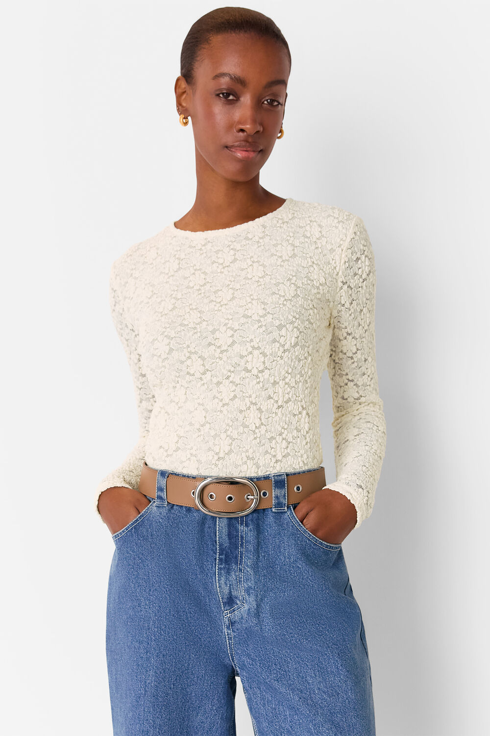 Ivory Jersey Lace Long Sleeve Top