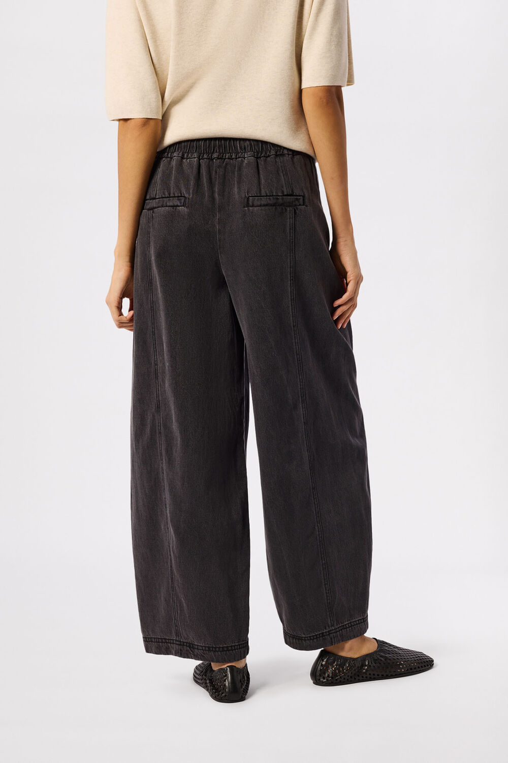 Washed Black Denim Casual Drawstring Barrel Trouser