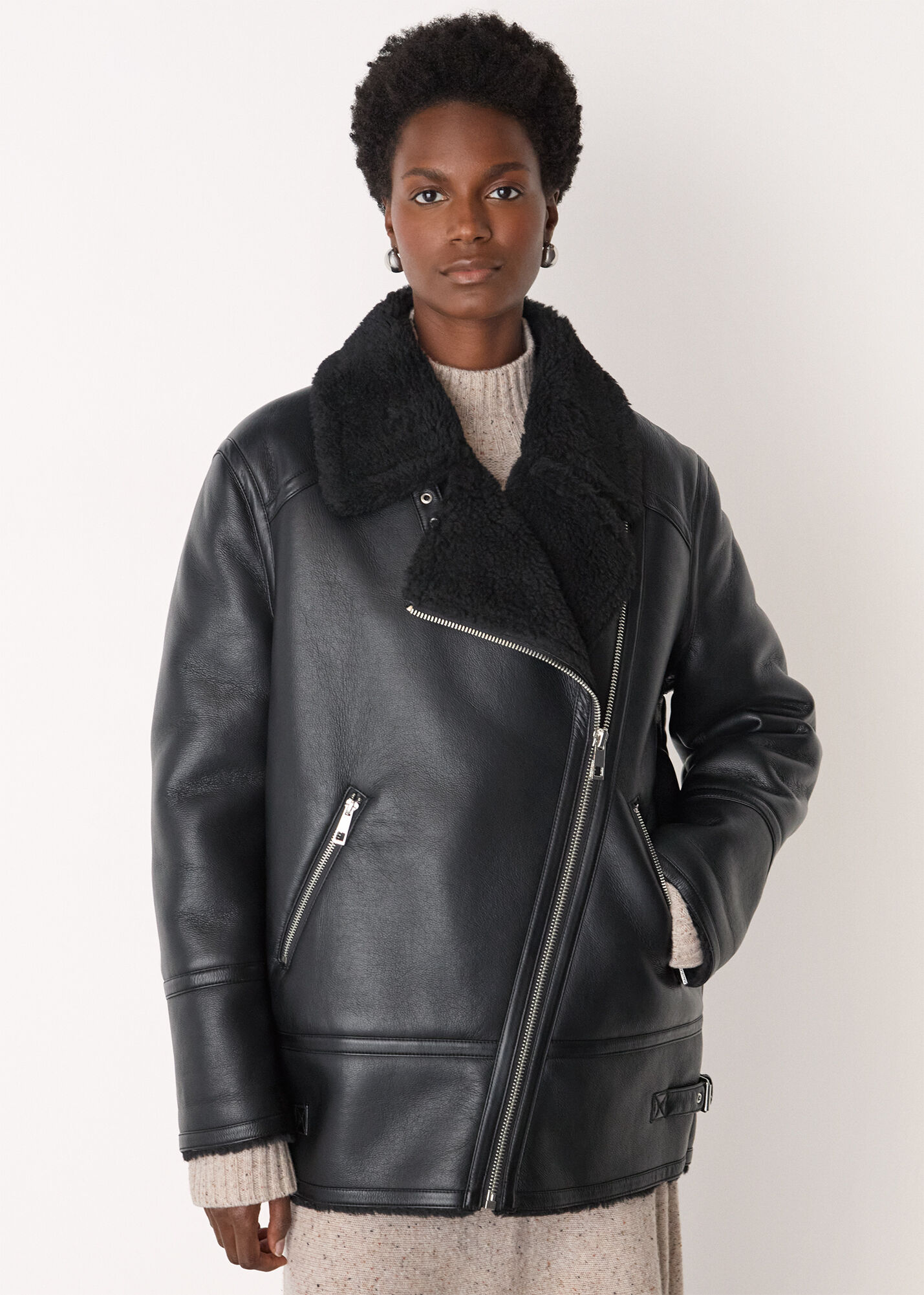 Black/Multi Faux Fur Aviator | WHISTLES | Whistles US |