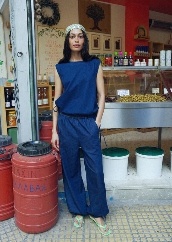 Dark Denim Drawstring Detail Cotton Top