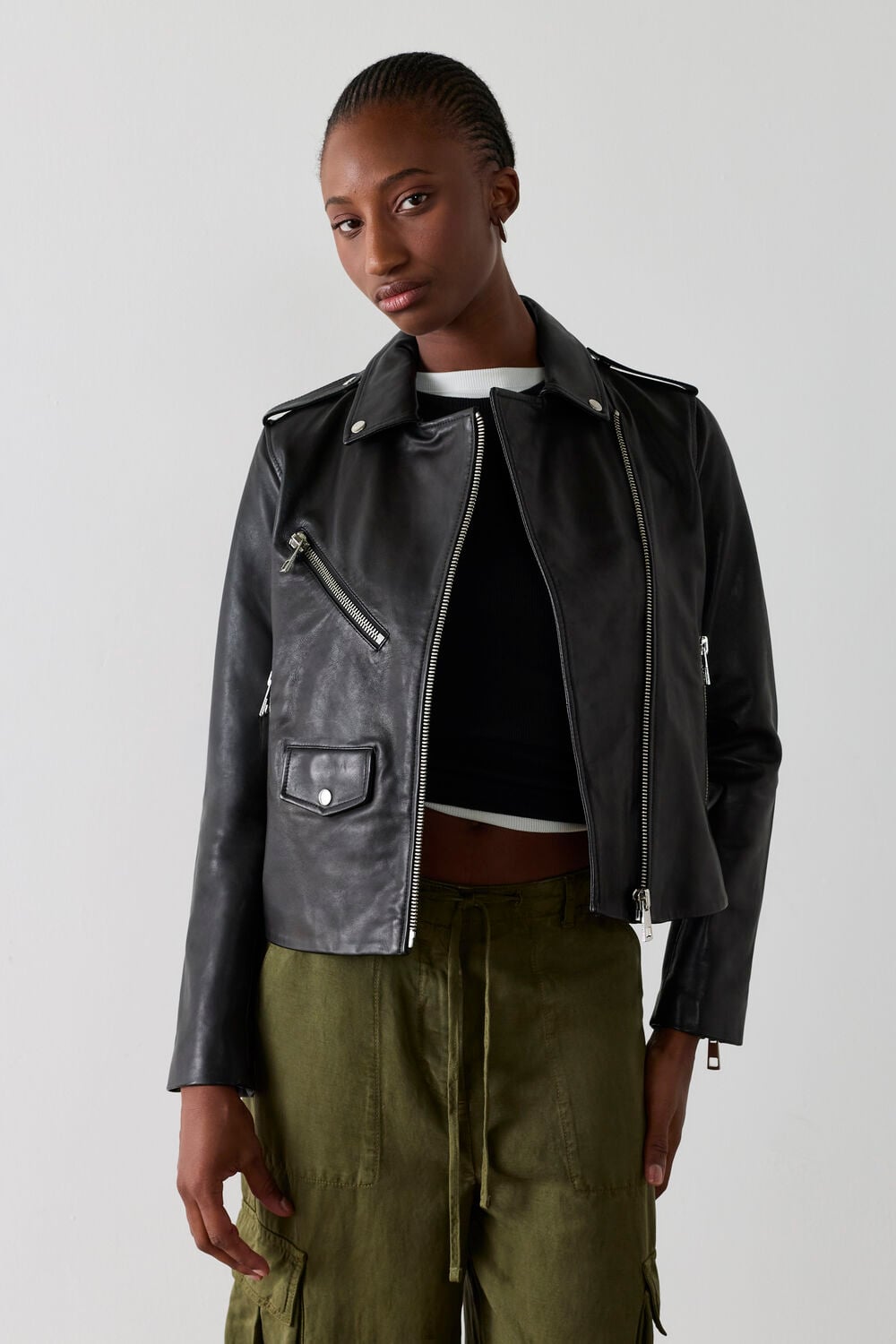 Black Agnes Pocket Leather Jacket