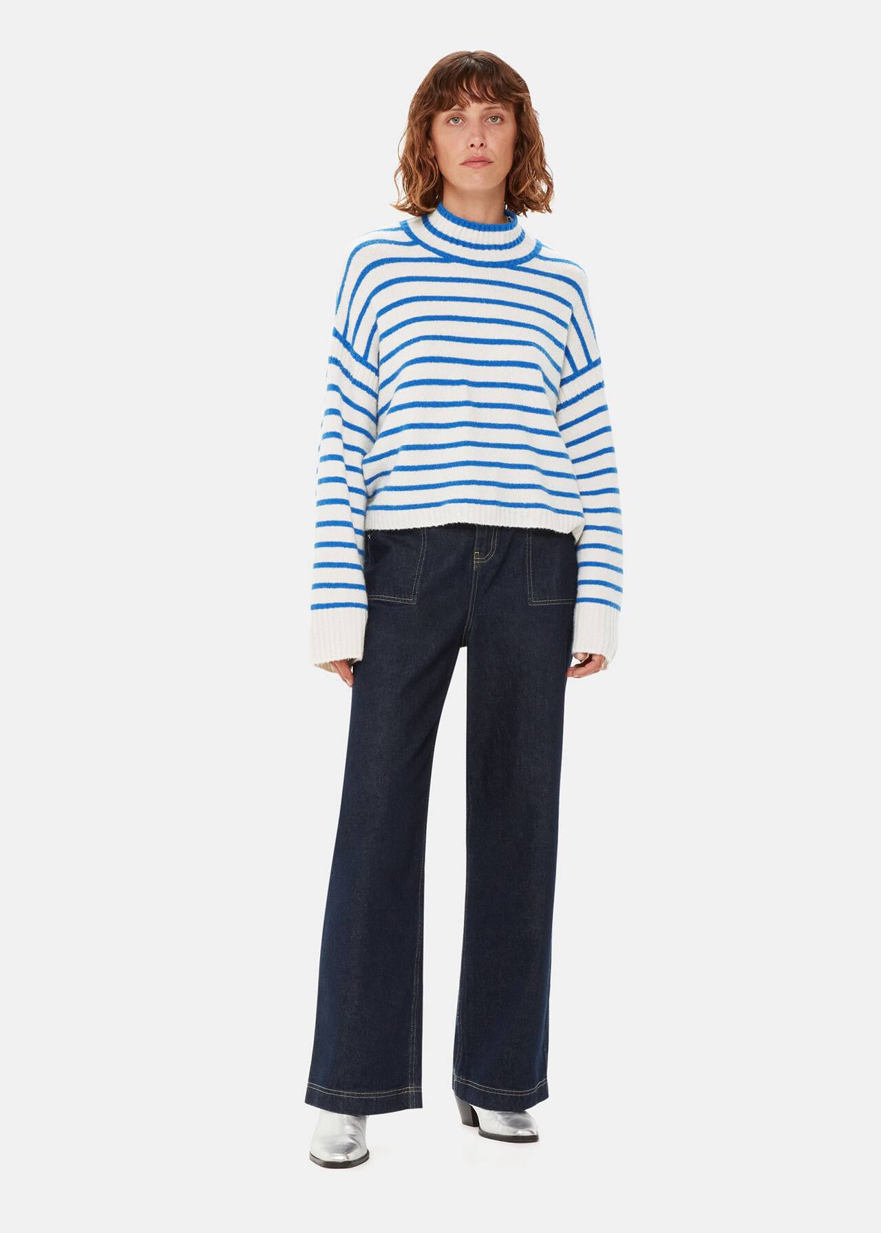 Blue/Multi Stripe Rib Detail Funnel Knit | WHISTLES