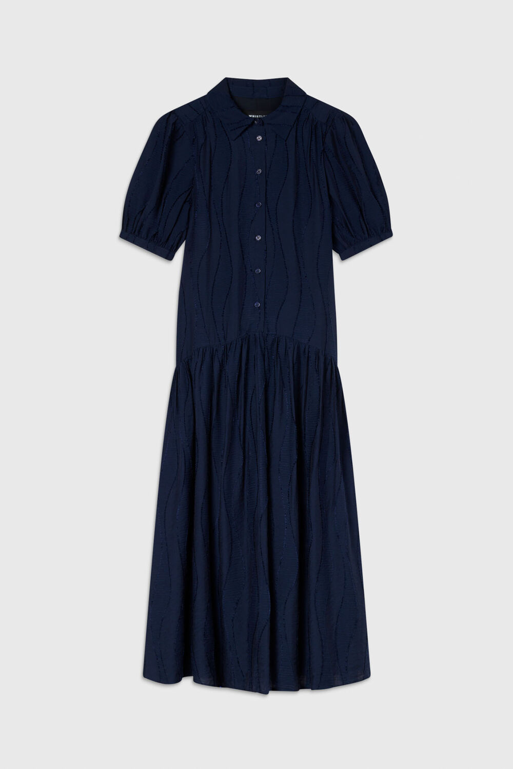 Navy Textured Drop Waist Midi Dress