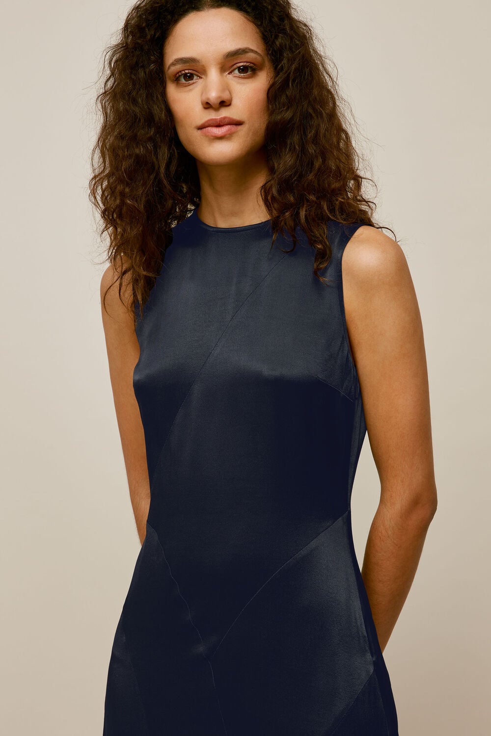 Satin Panelled Midi Dress Navy