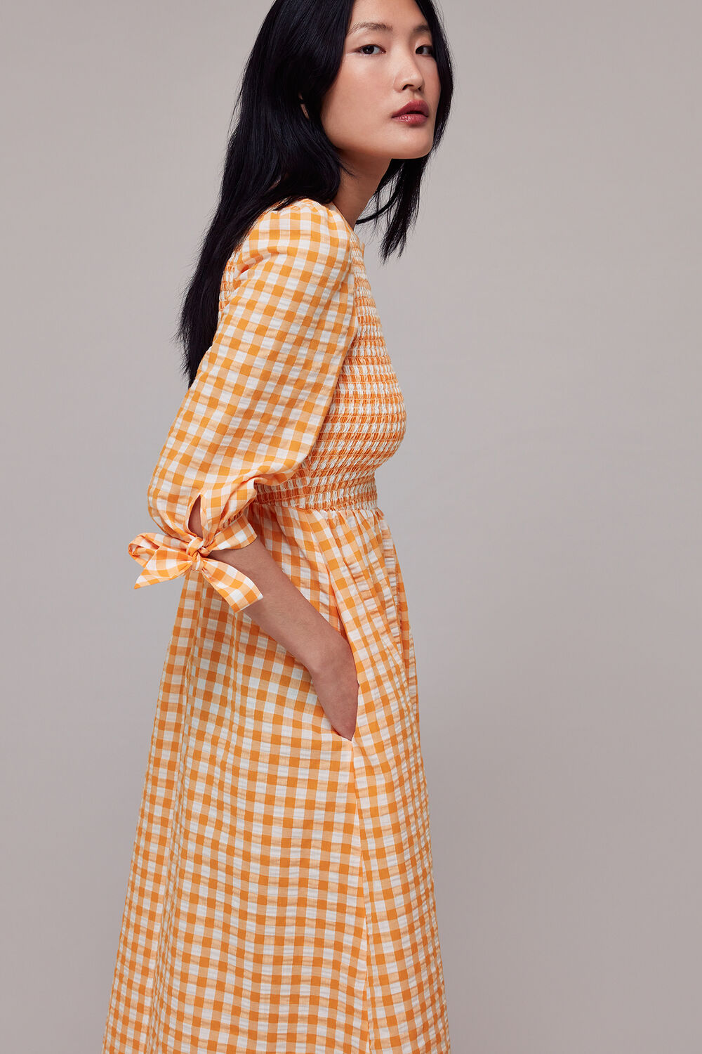 Gingham Check Shirred Dress