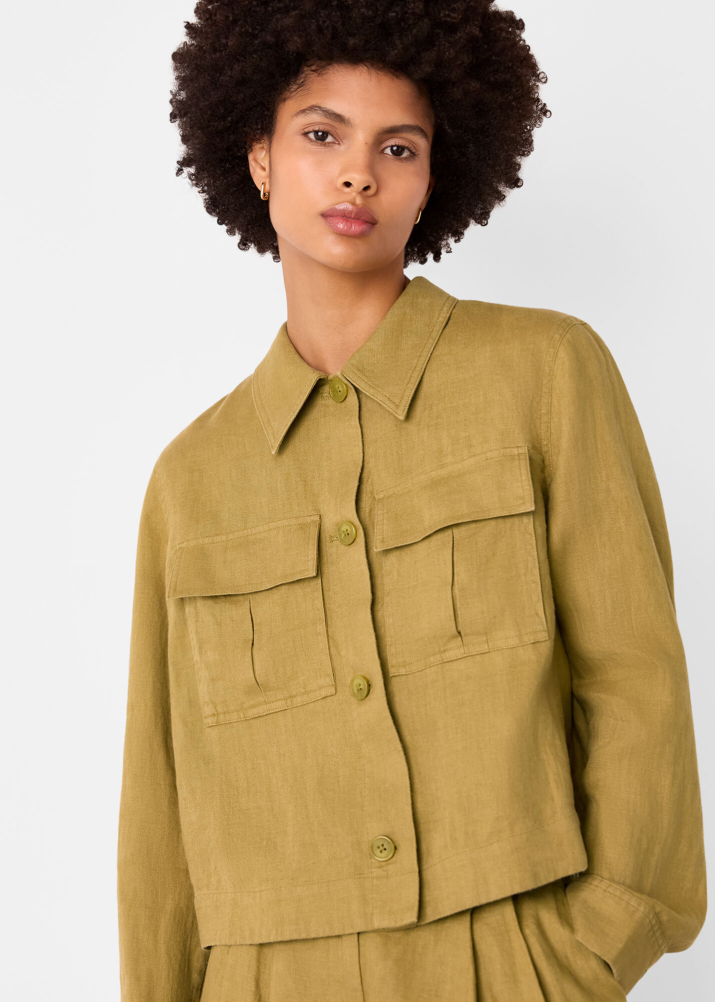 Olive Abby Linen Casual Jacket | WHISTLES | Whistles US |