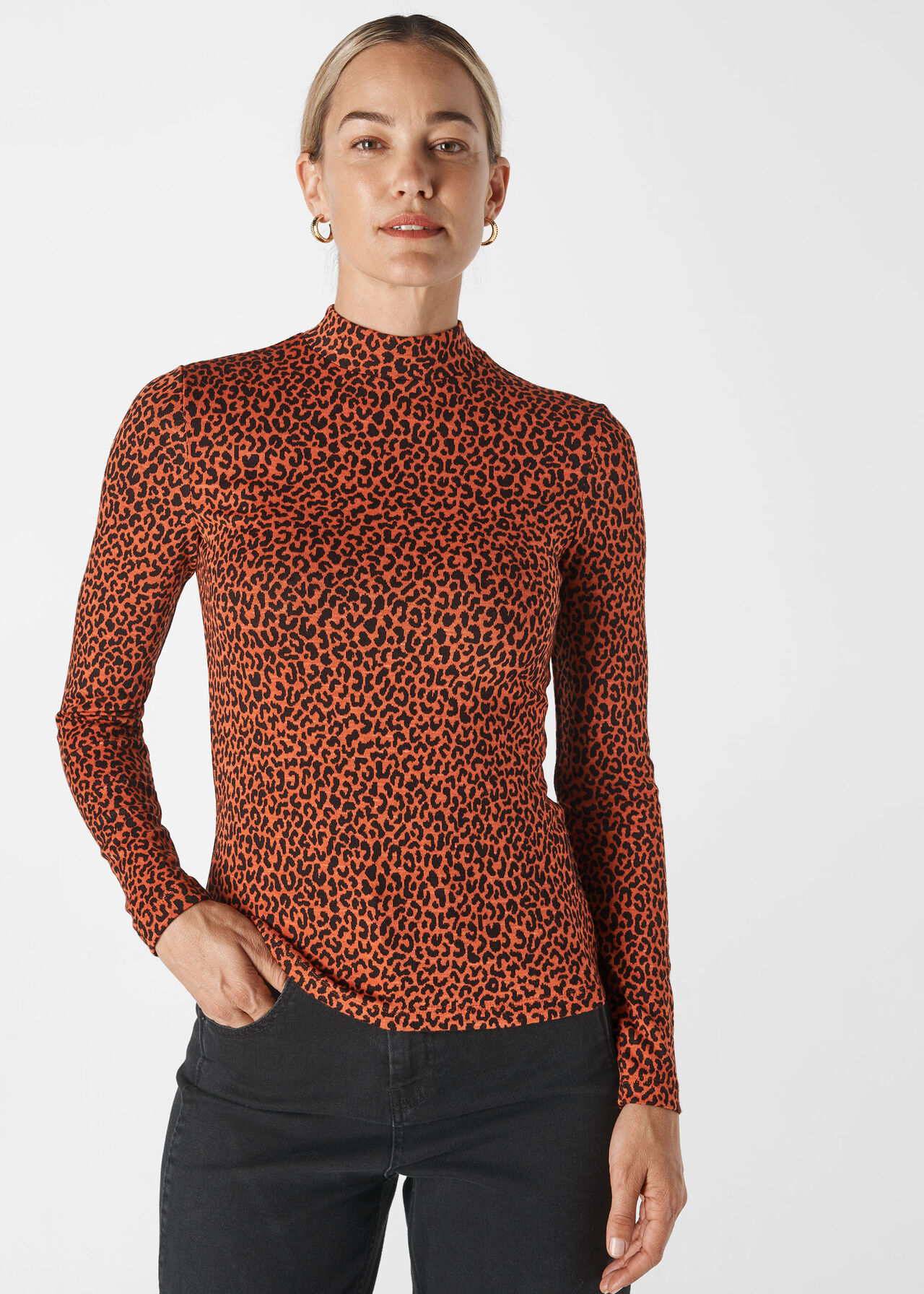 High Neck Animal Jacquard Top Orange/Multi