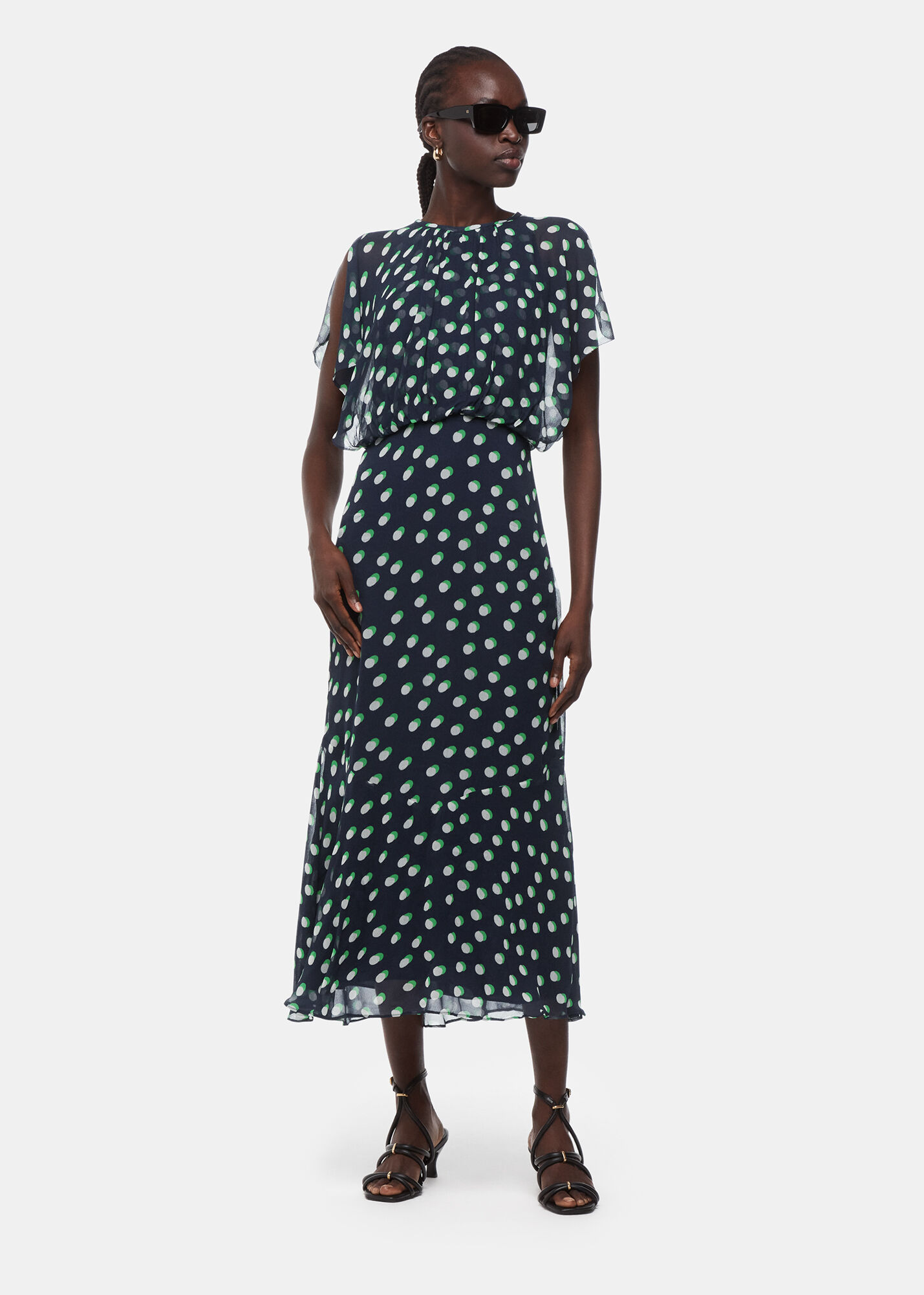 Navy/Multi Moon Spot Print Midi Dress | WHISTLES | Whistles UK |