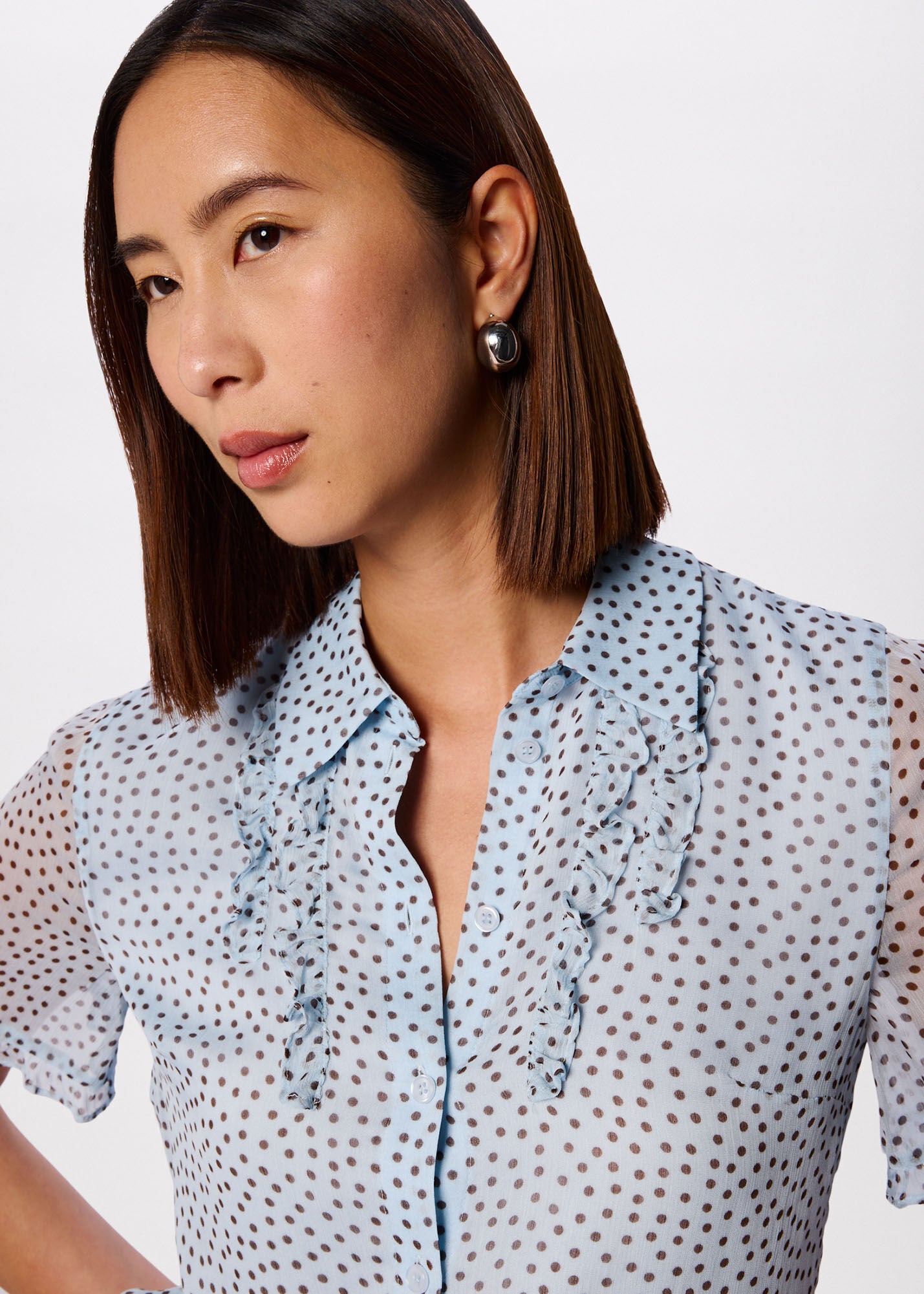 Blue/Multi Polka Dot Sheer Sleeve Shirt | WHISTLES | Whistles US |