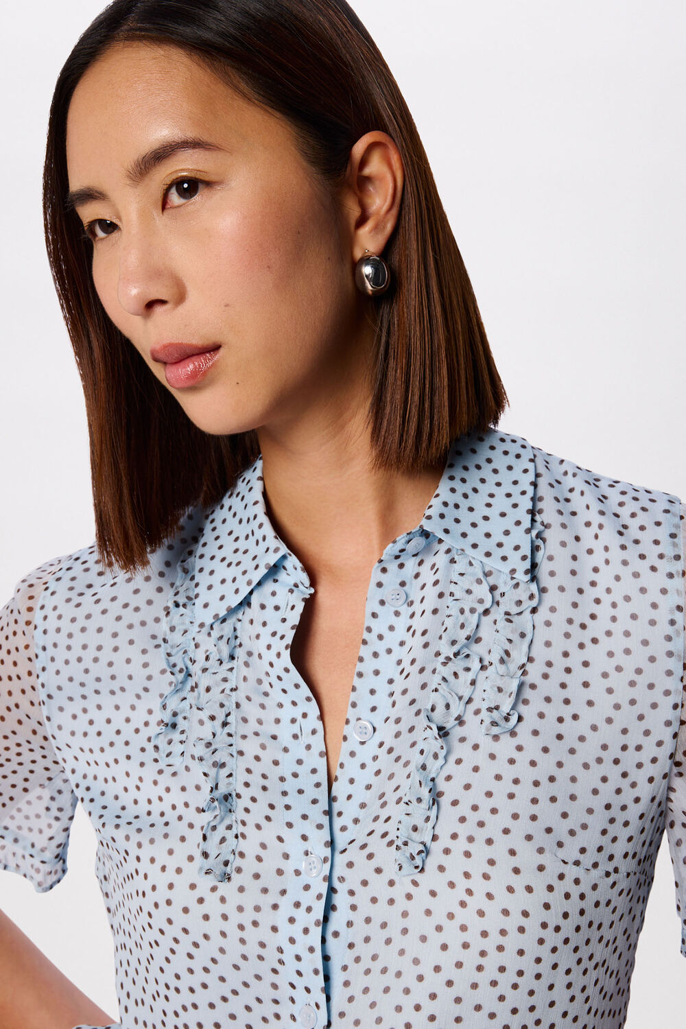Blue Polka Dot Sheer Sleeve Shirt