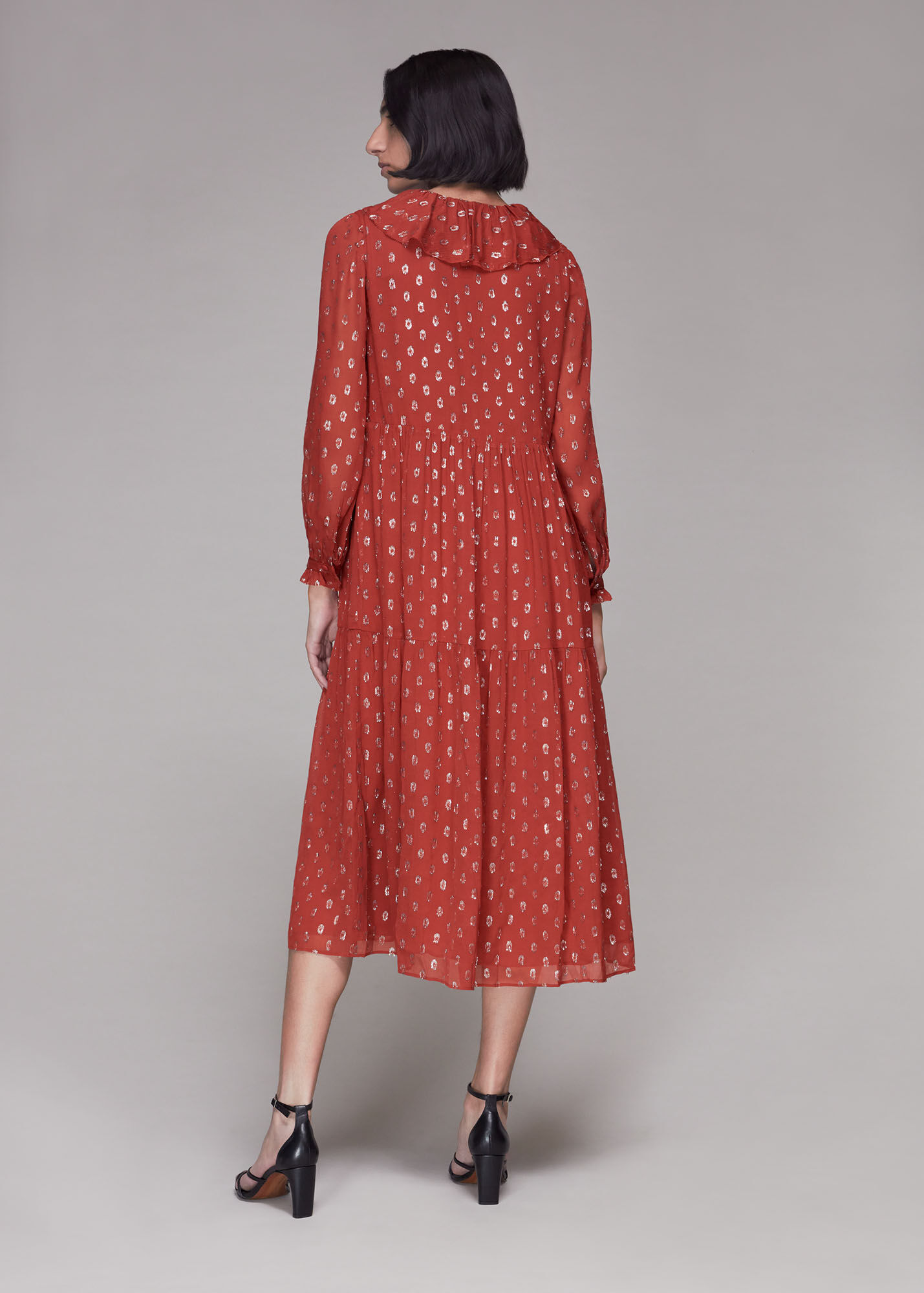 Rust Frill Detail Dobby Midi Dress WHISTLES