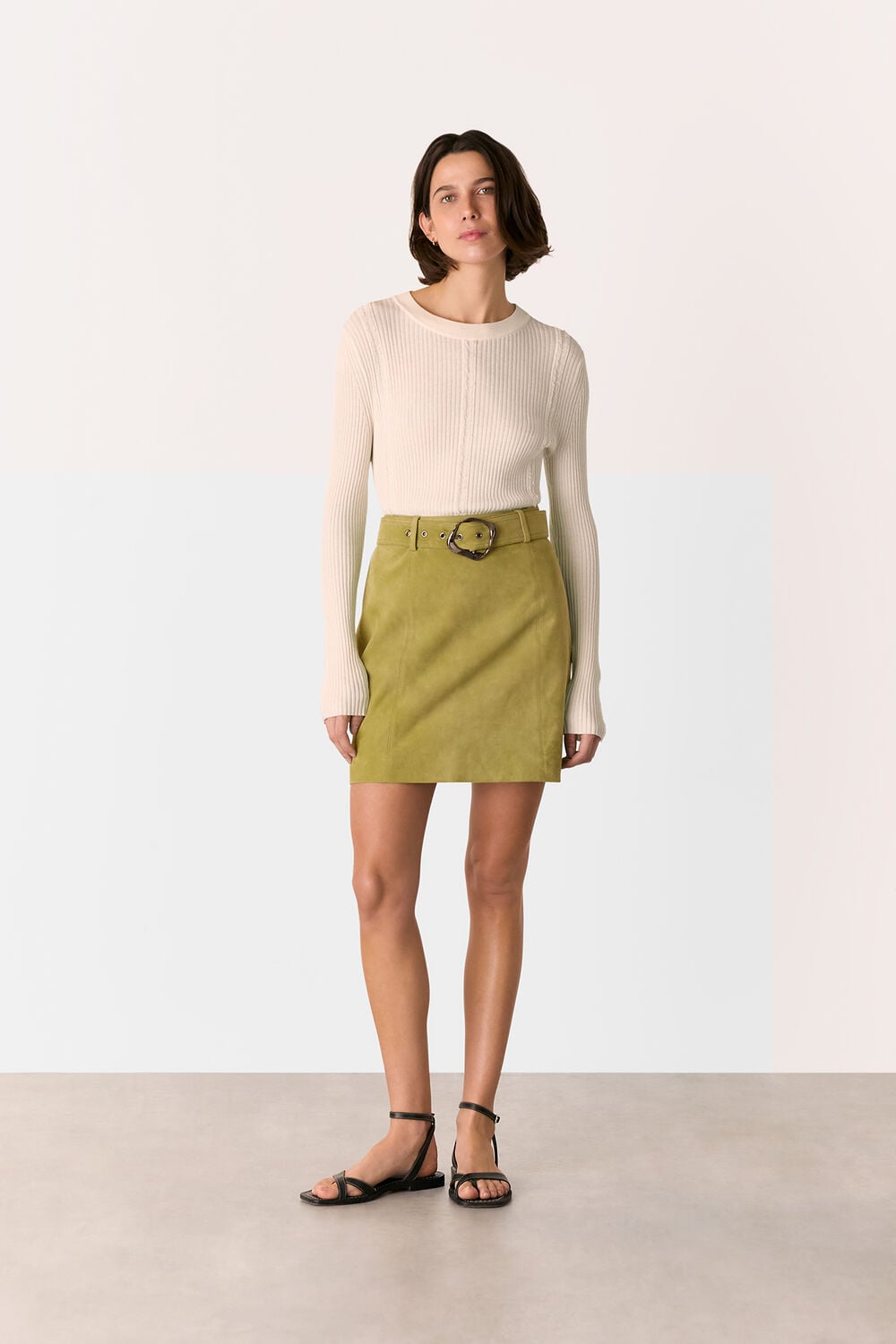 Olive Suede Belted Mini Skirt