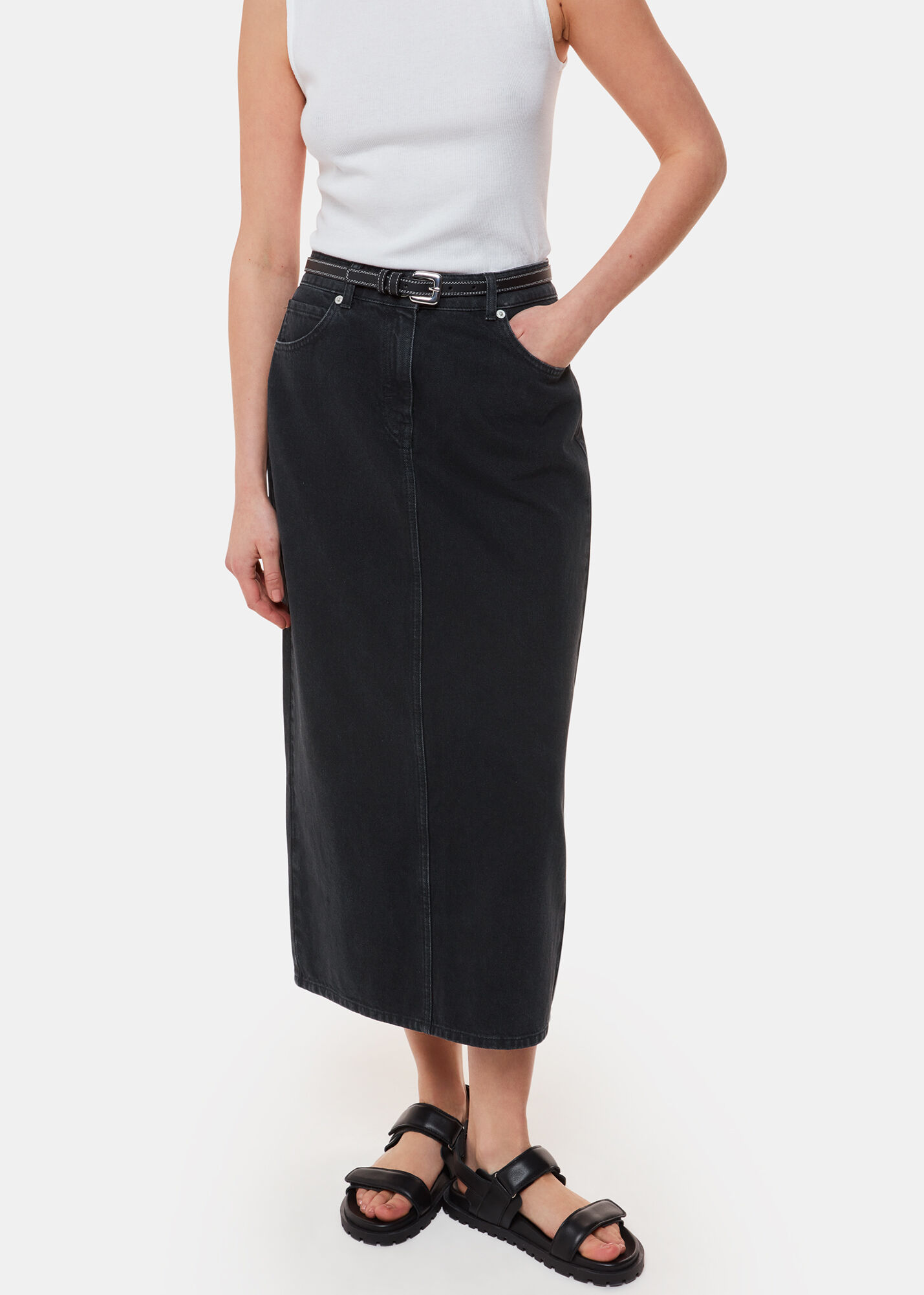 【Anyone more】Rown black midi denim skirt Black Denim Chic Split Midi Skirt – Unique Vintage
