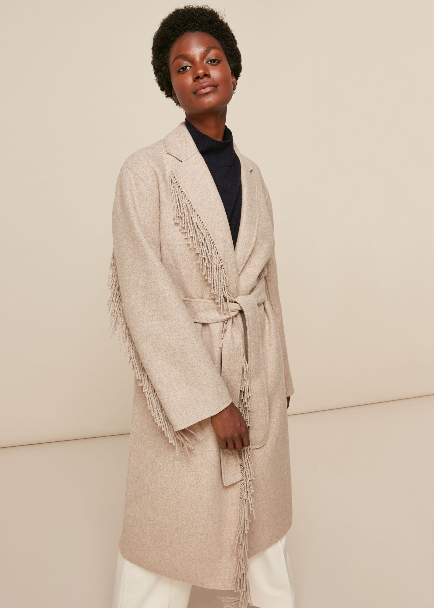 Neutral Fringe Detail Wrap Coat WHISTLES Whistles