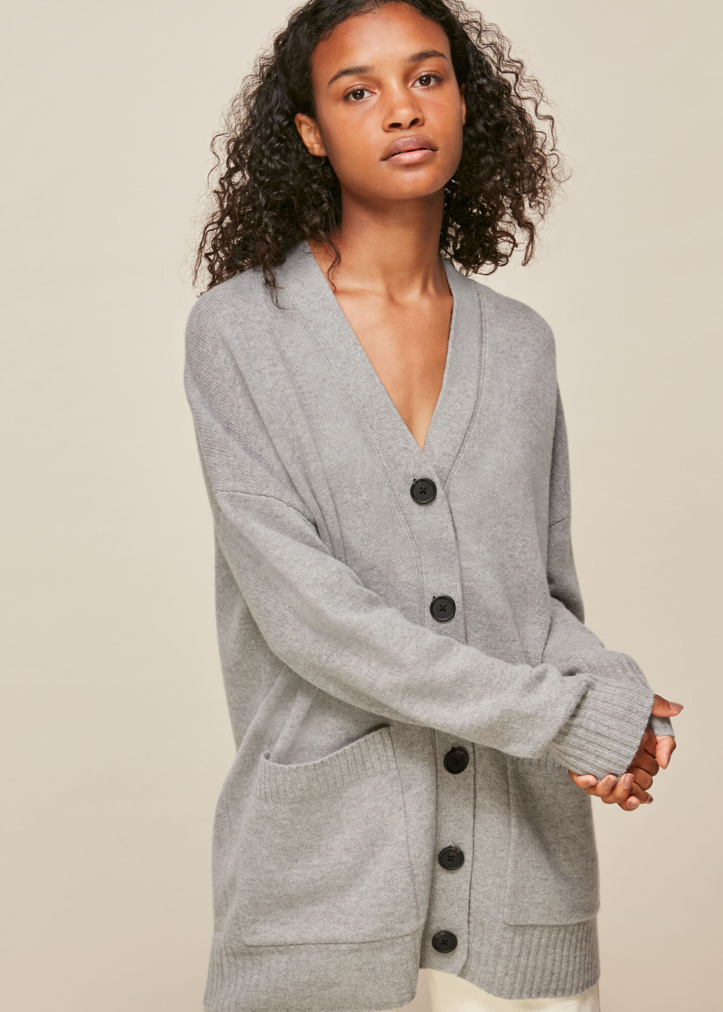 Grey Long Line Pocket Wool Cardigan WHISTLES
