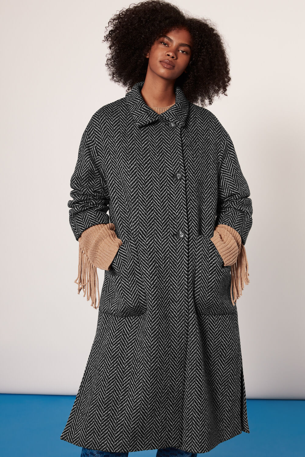 Herringbone Funnel Neck Coat