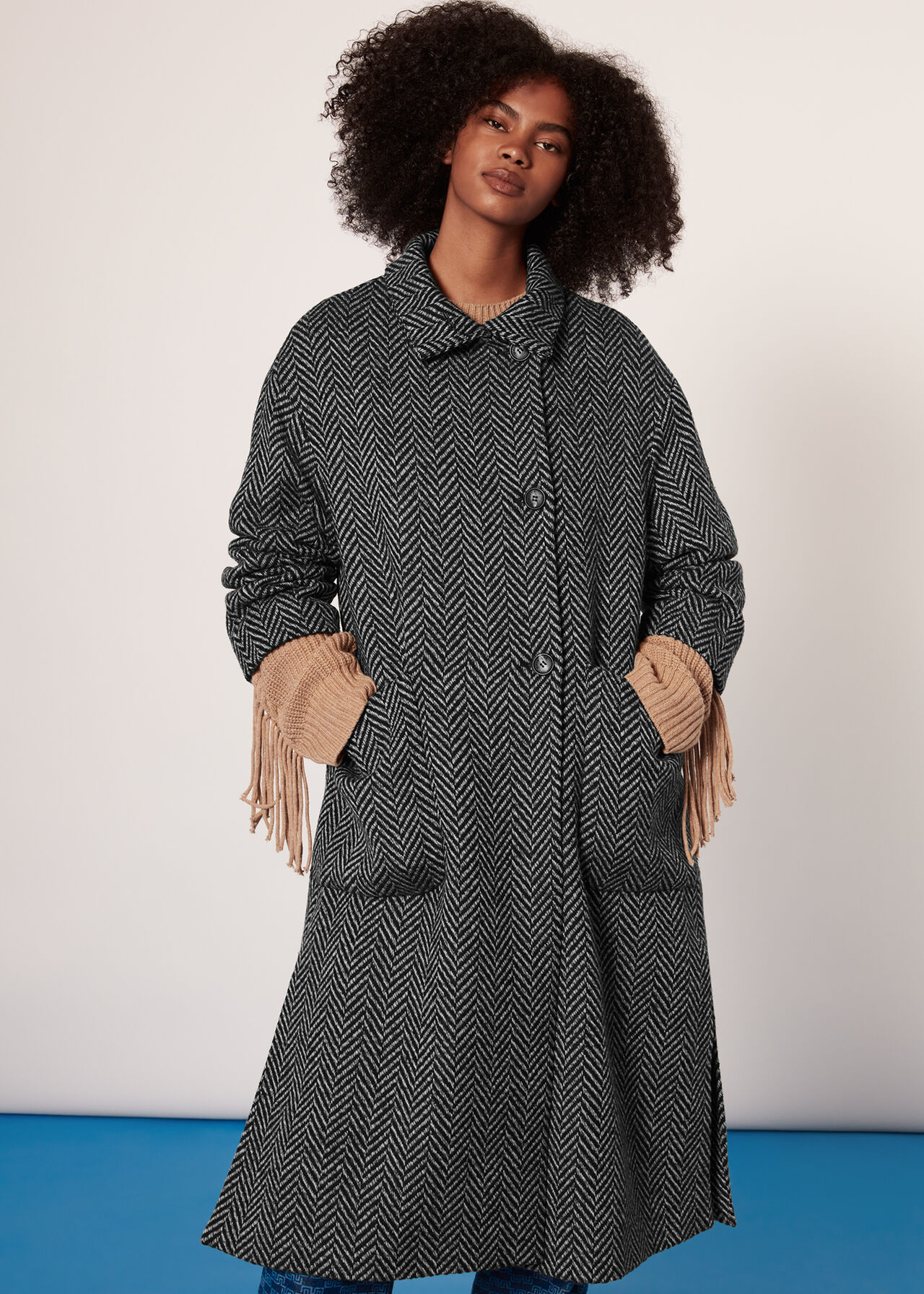 Herringbone Funnel Neck Coat
