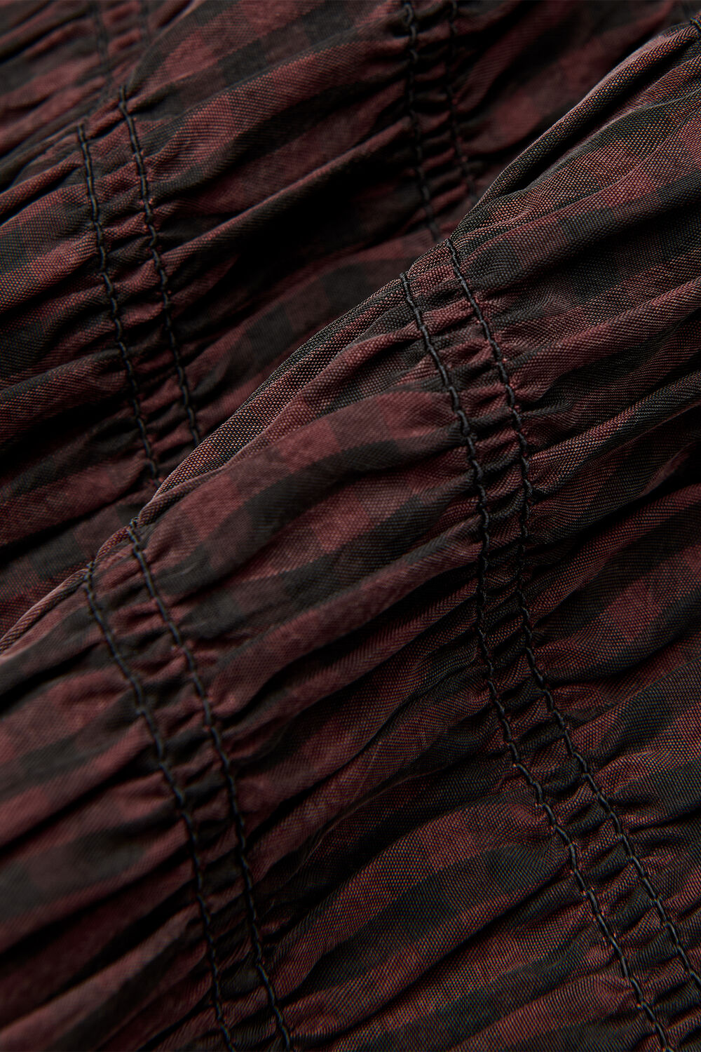Brown Checked Shirred Dress