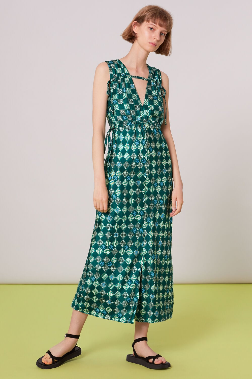 Green Silk Checkerboard Dress